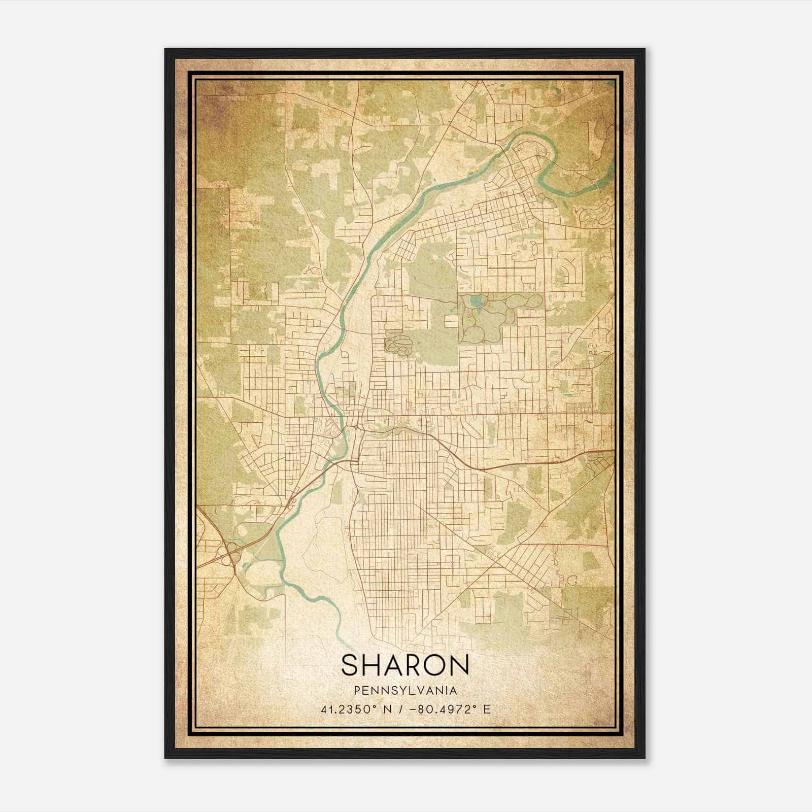Vintage Sharon Pennsylvania Map Poster, Modern Home Decor Wall Art Print