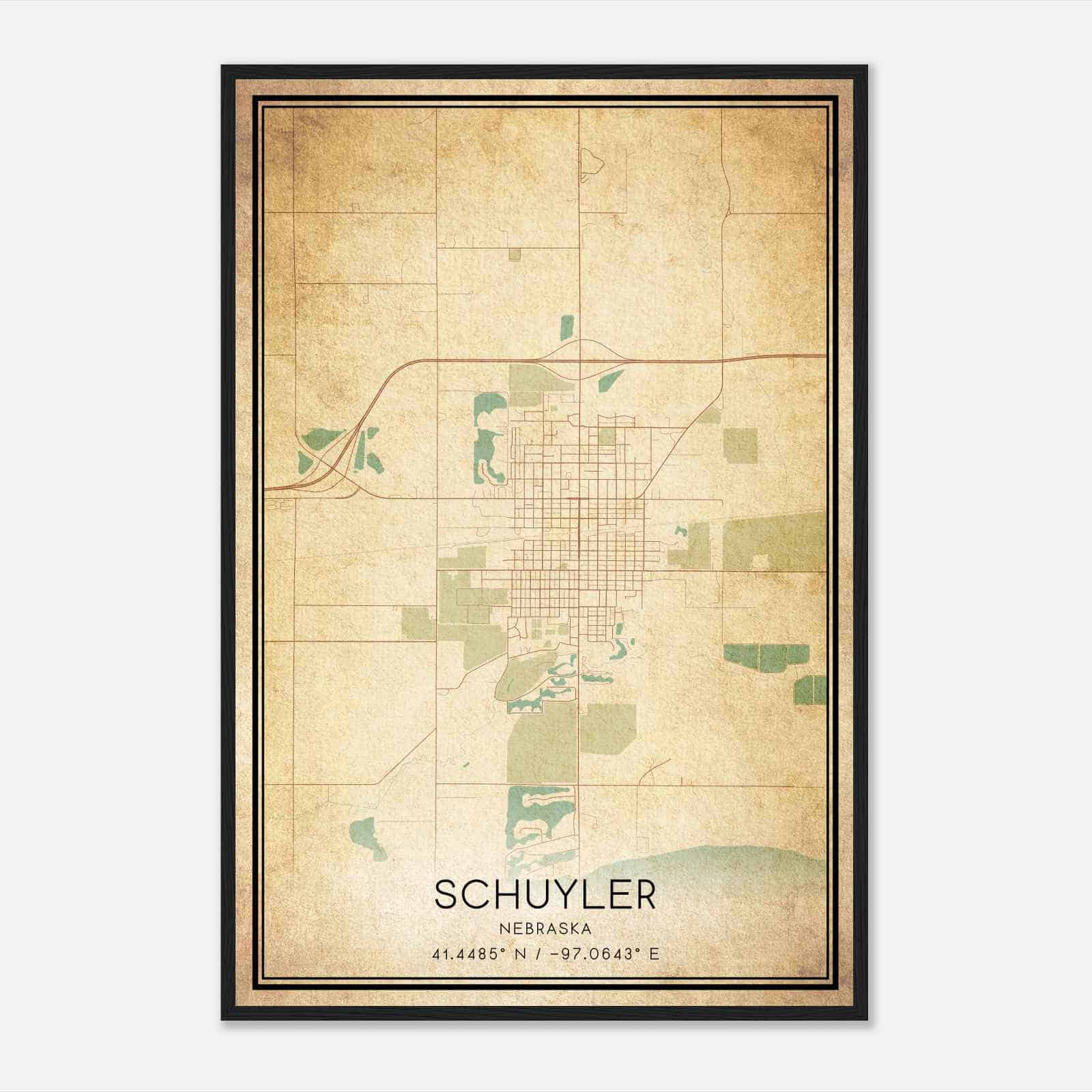 Vintage Schuyler Nebraska Map Poster, Modern Home Decor Wall Art Print