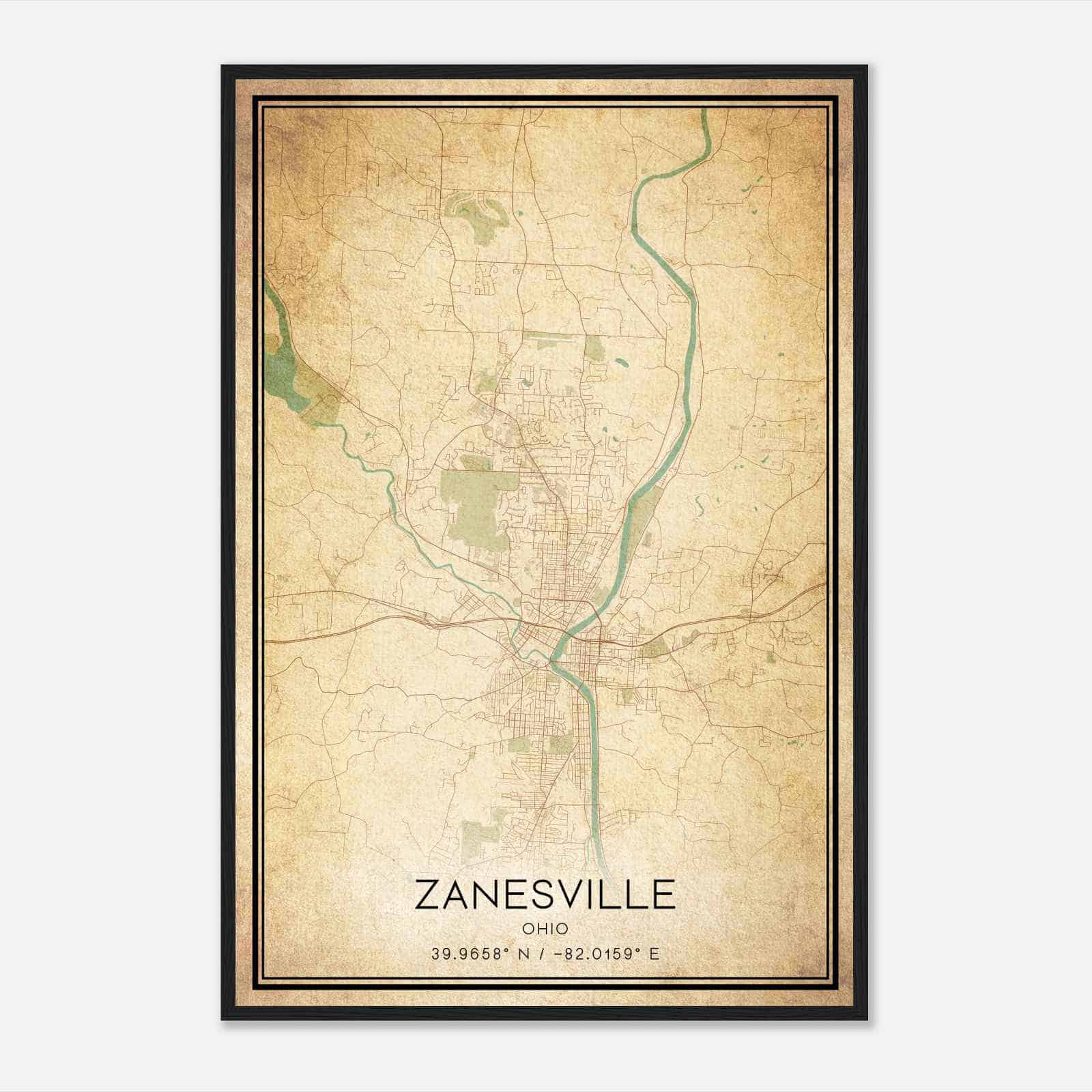 Vintage Zanesville Ohio Map Poster, Modern Home Decor Wall Art Print