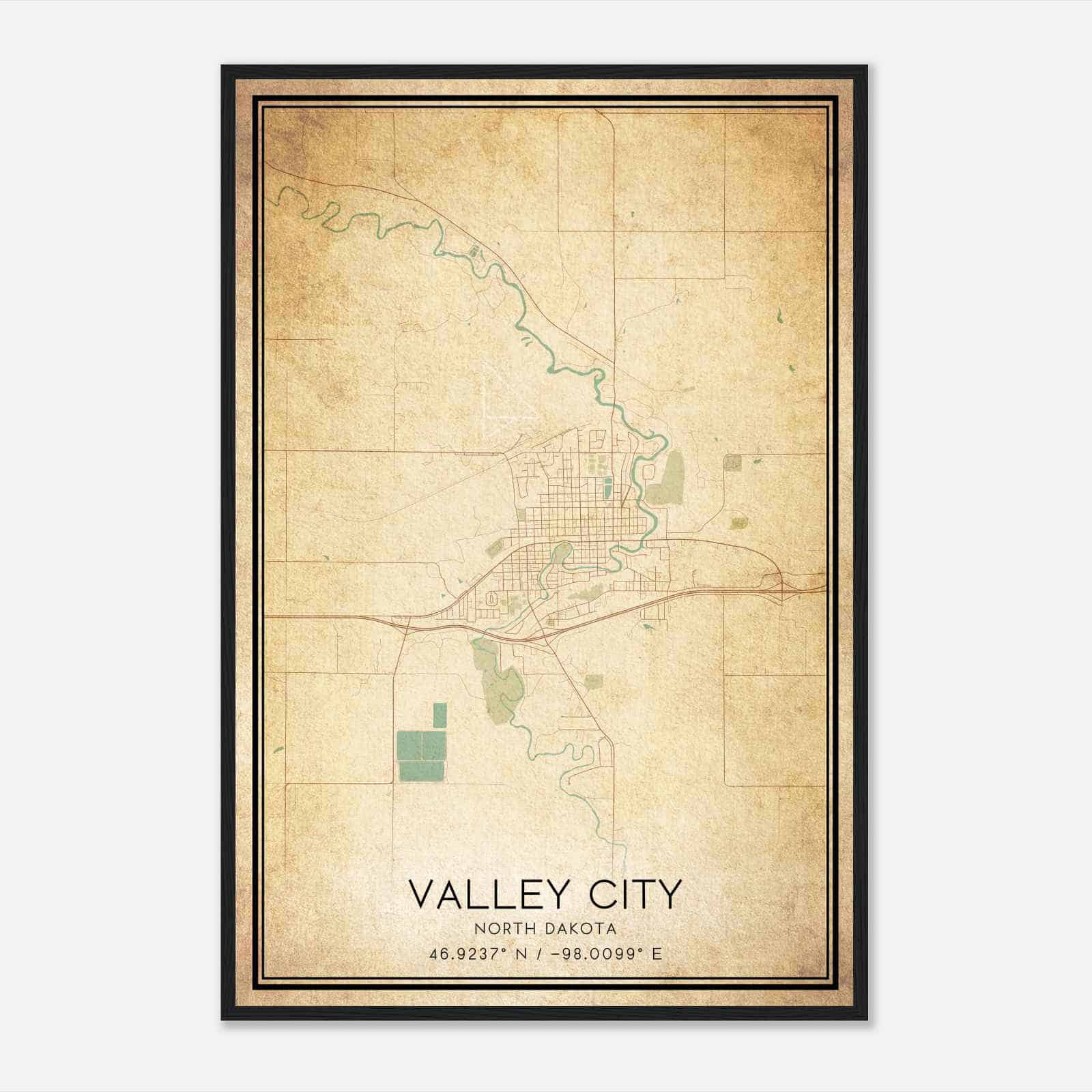 Vintage Valley City North Dakota Map Poster, Modern Home Decor Wall Art Print