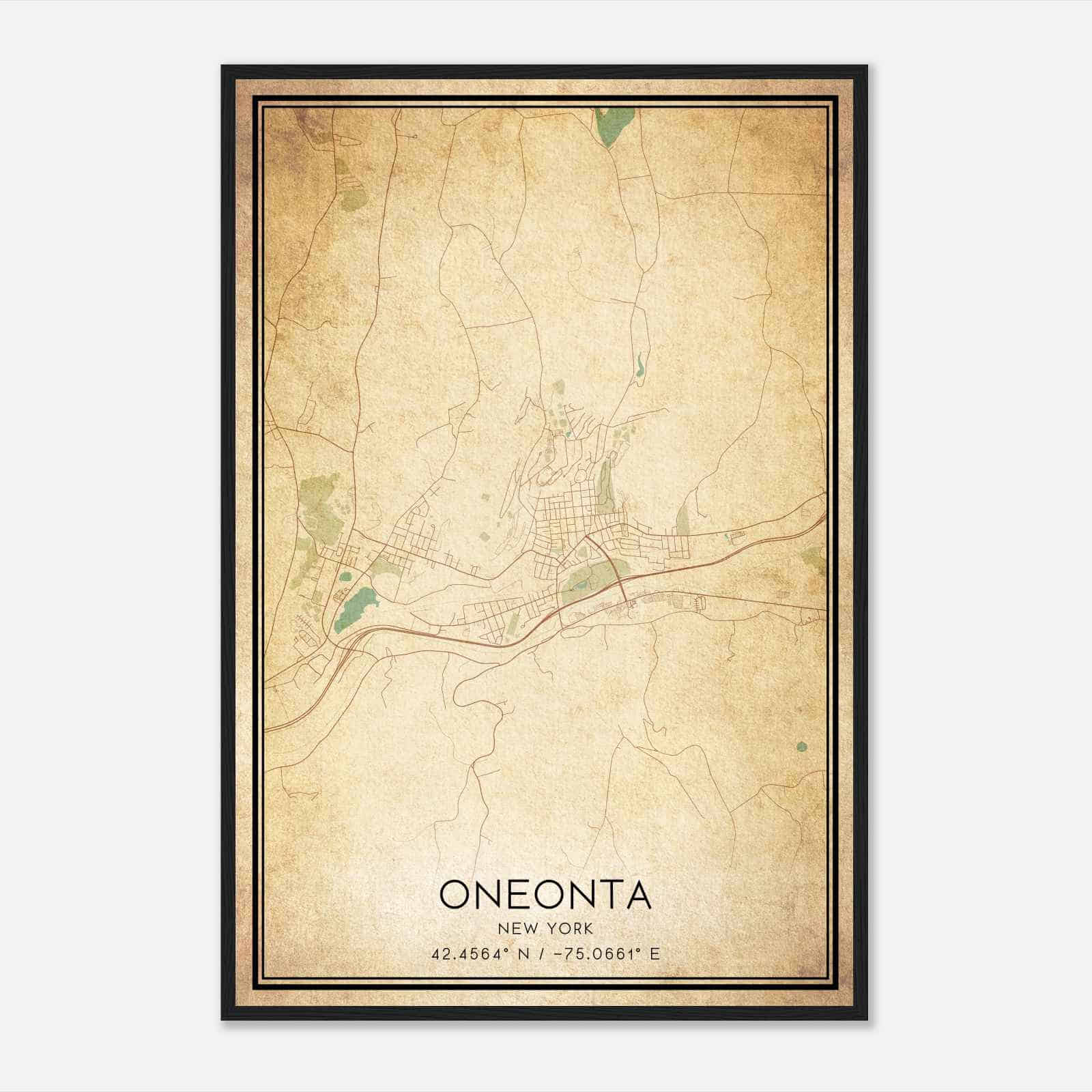 Vintage Oneonta New York Map Poster, Modern Home Decor Wall Art Print