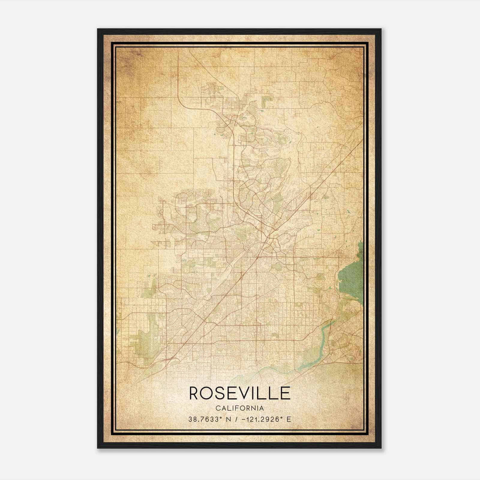 Vintage Roseville California Map Poster, Modern Home Decor Wall Art Print