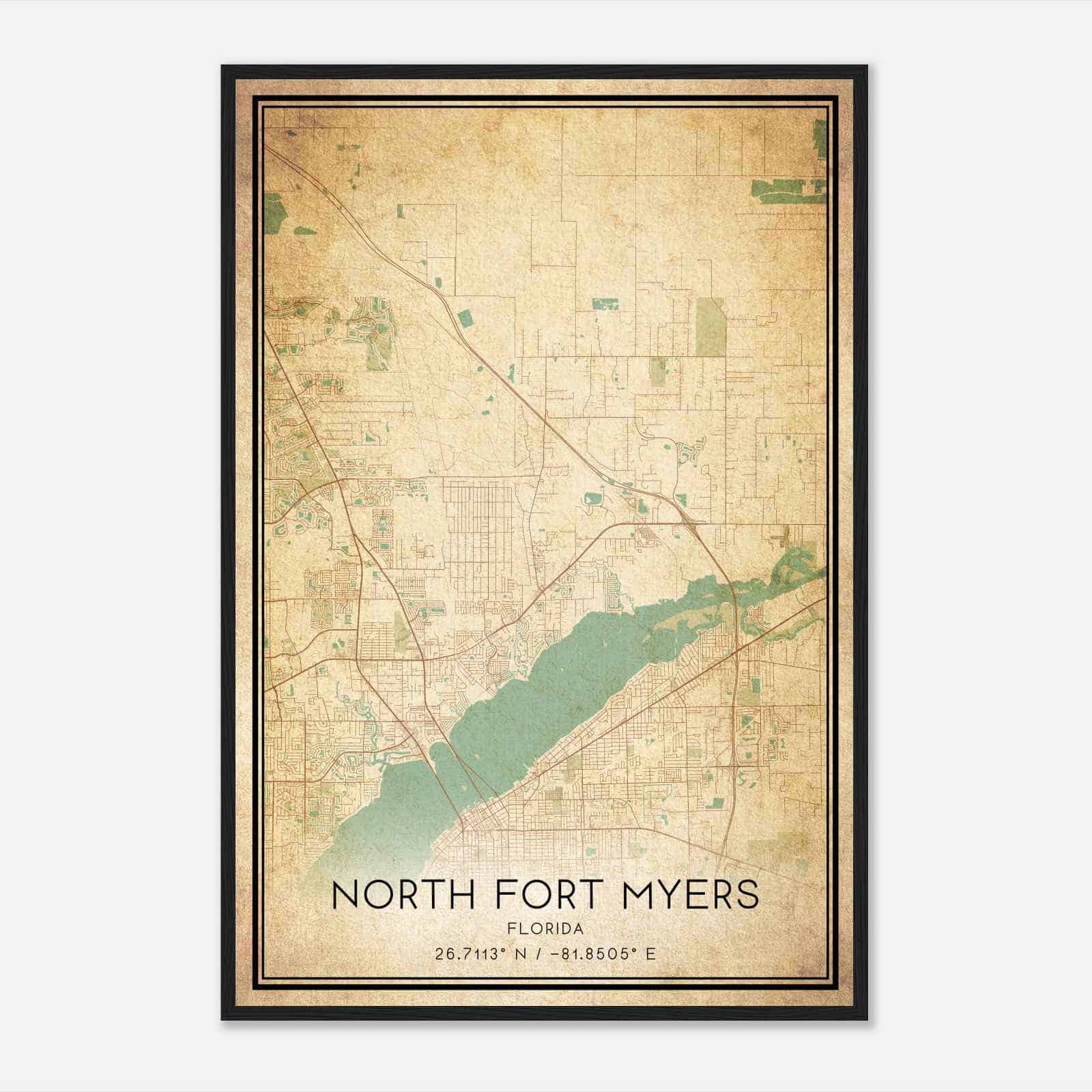 Vintage North Fort Myers Florida Map Poster, Modern Home Decor Wall Art Print