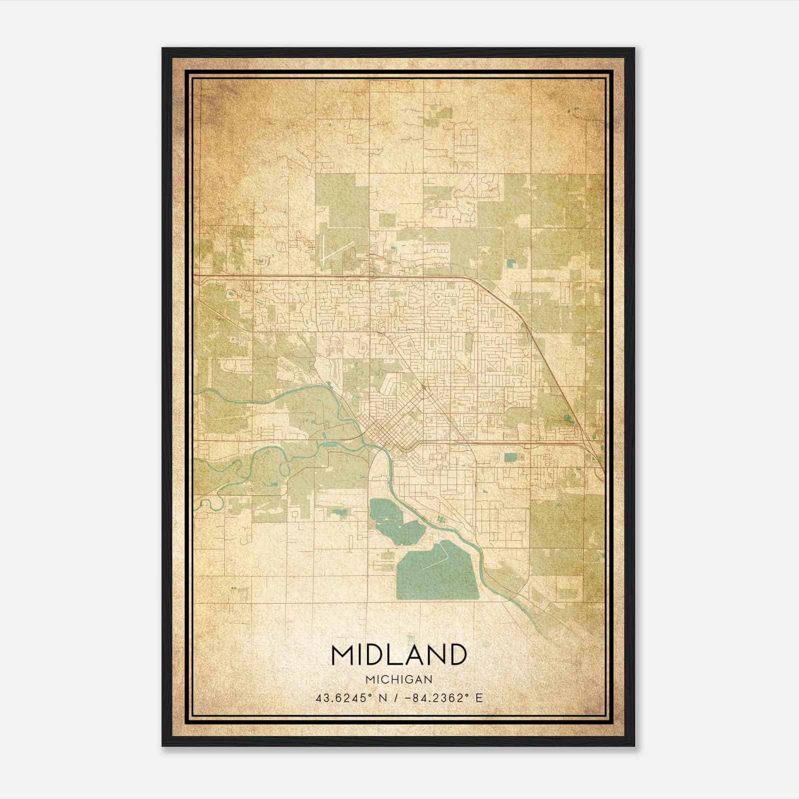 Vintage Midland Michigan Map Poster, Modern Home Decor Wall Art Print