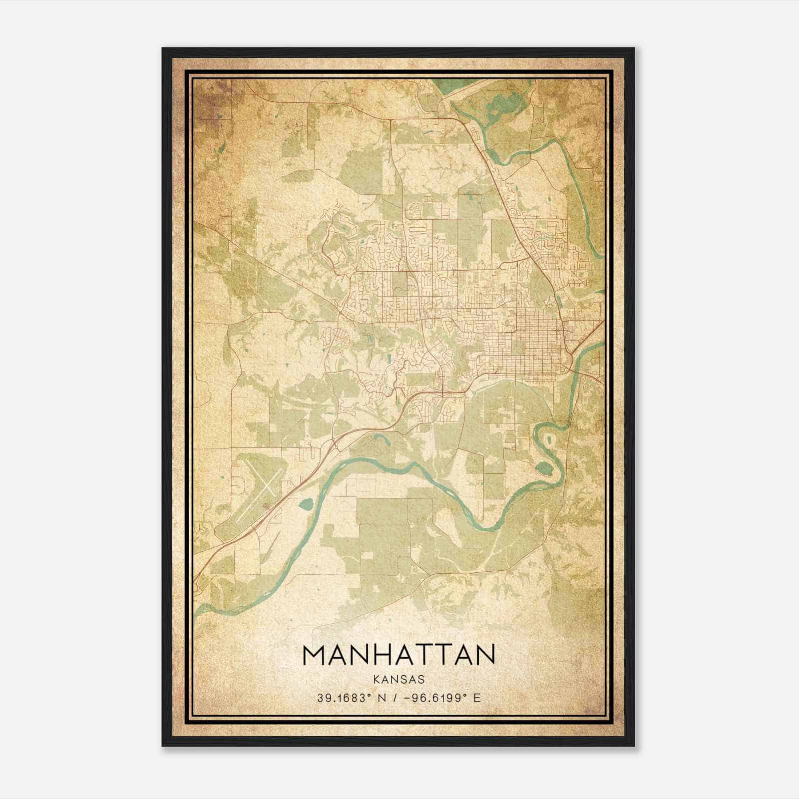 Vintage Manhattan Kansas Map Poster, Modern Home Decor Wall Art Print