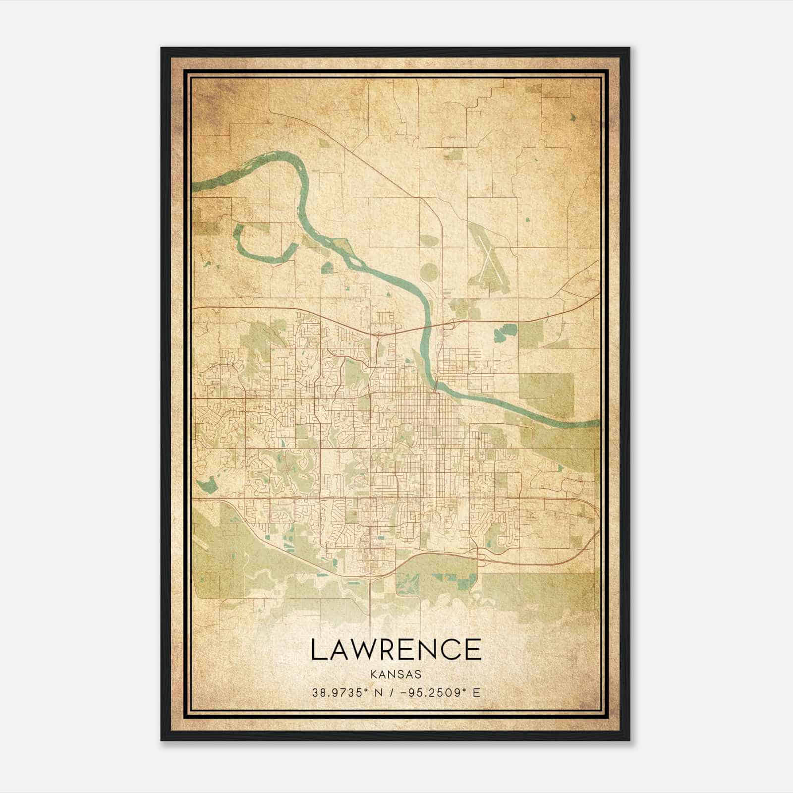 Vintage Lawrence Kansas Map Poster, Modern Home Decor Wall Art Print