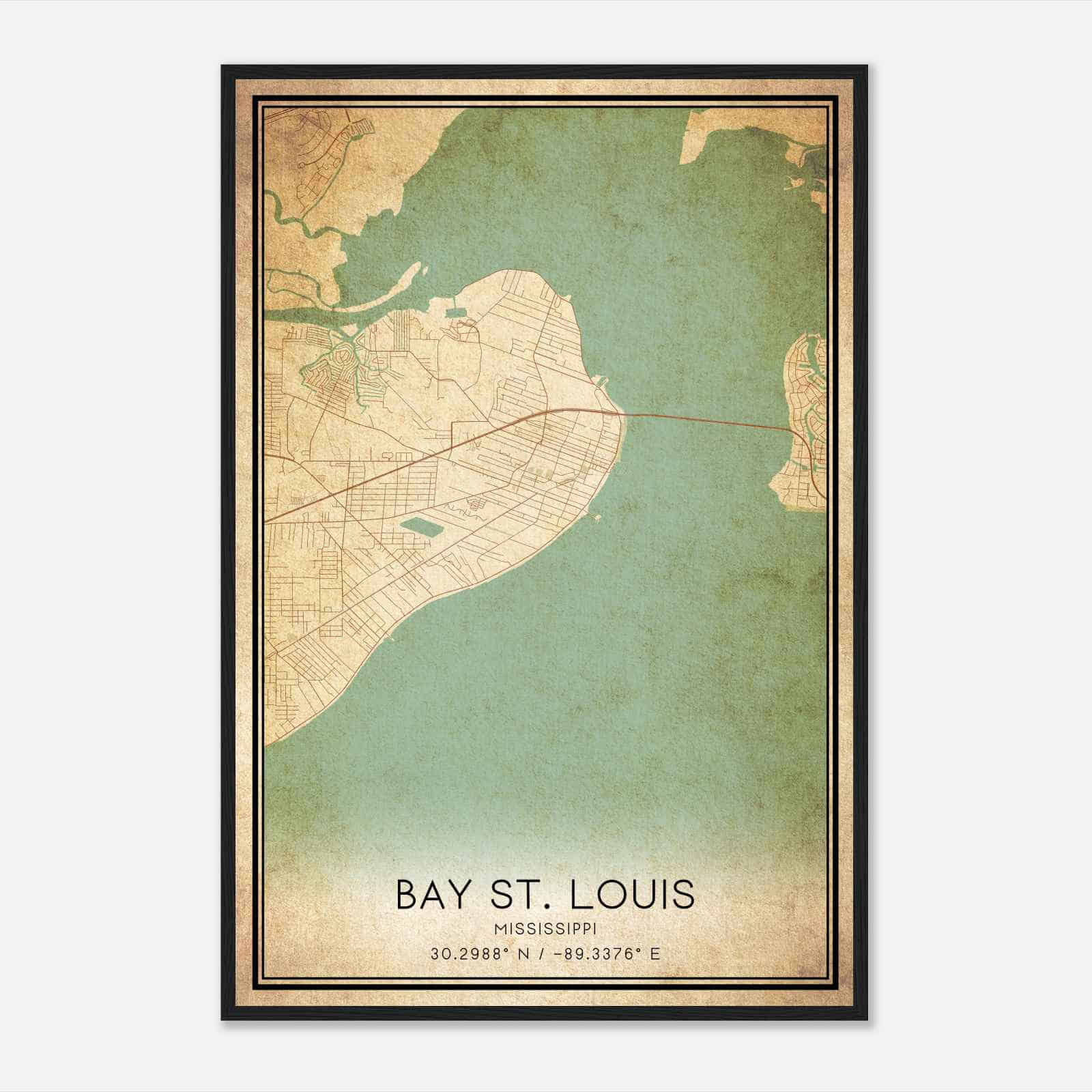 Vintage Bay St. Louis Mississippi Map Poster, Modern Home Decor Wall Art Print