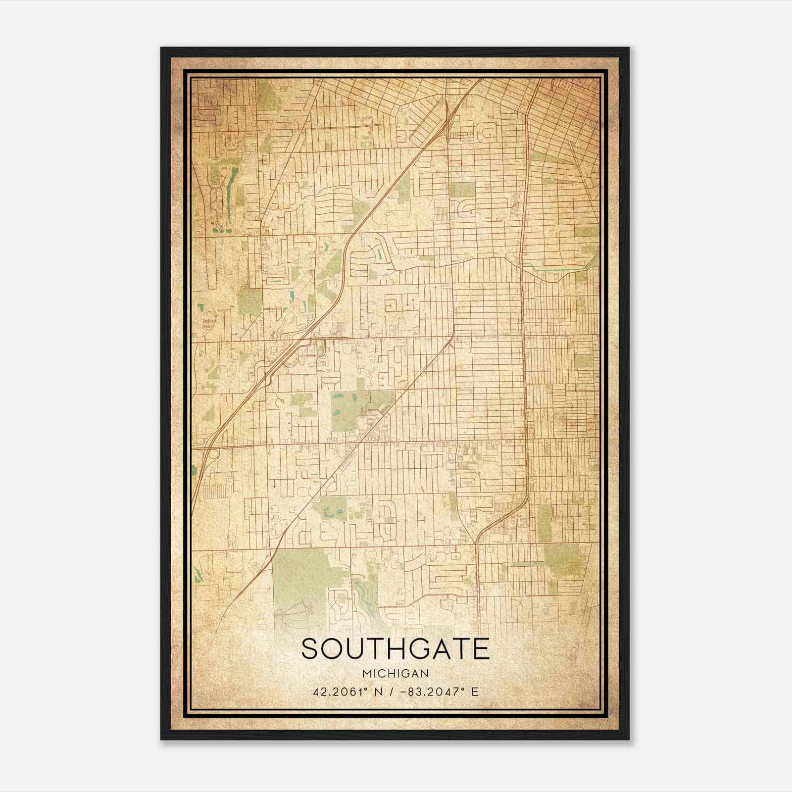 Vintage Southgate Michigan Map Poster, Modern Home Decor Wall Art Print