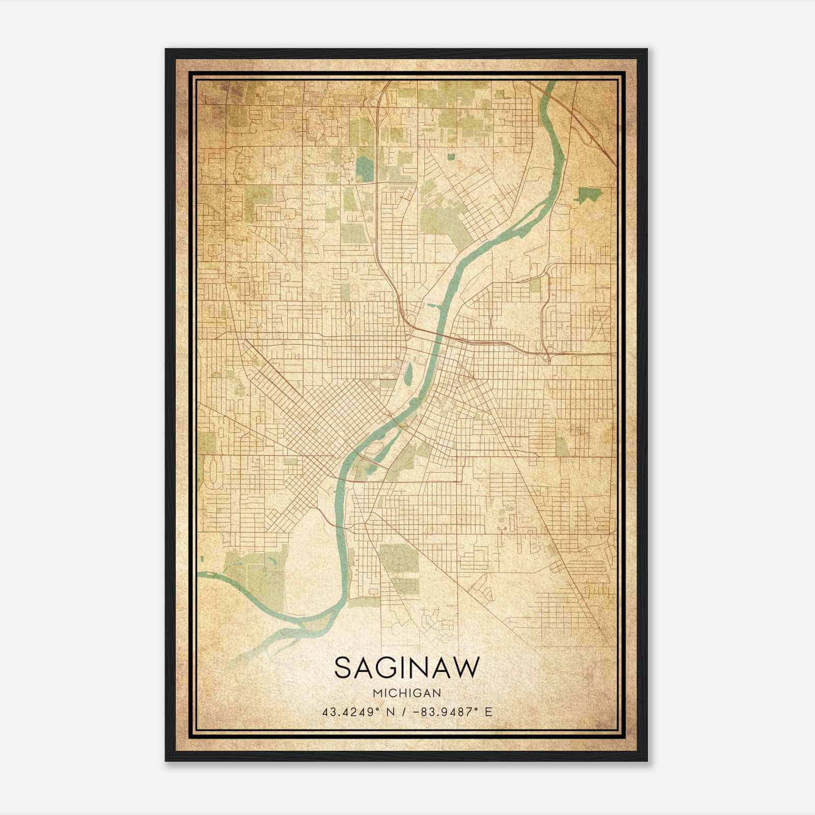 Vintage Saginaw Michigan Map Poster, Modern Home Decor Wall Art Print