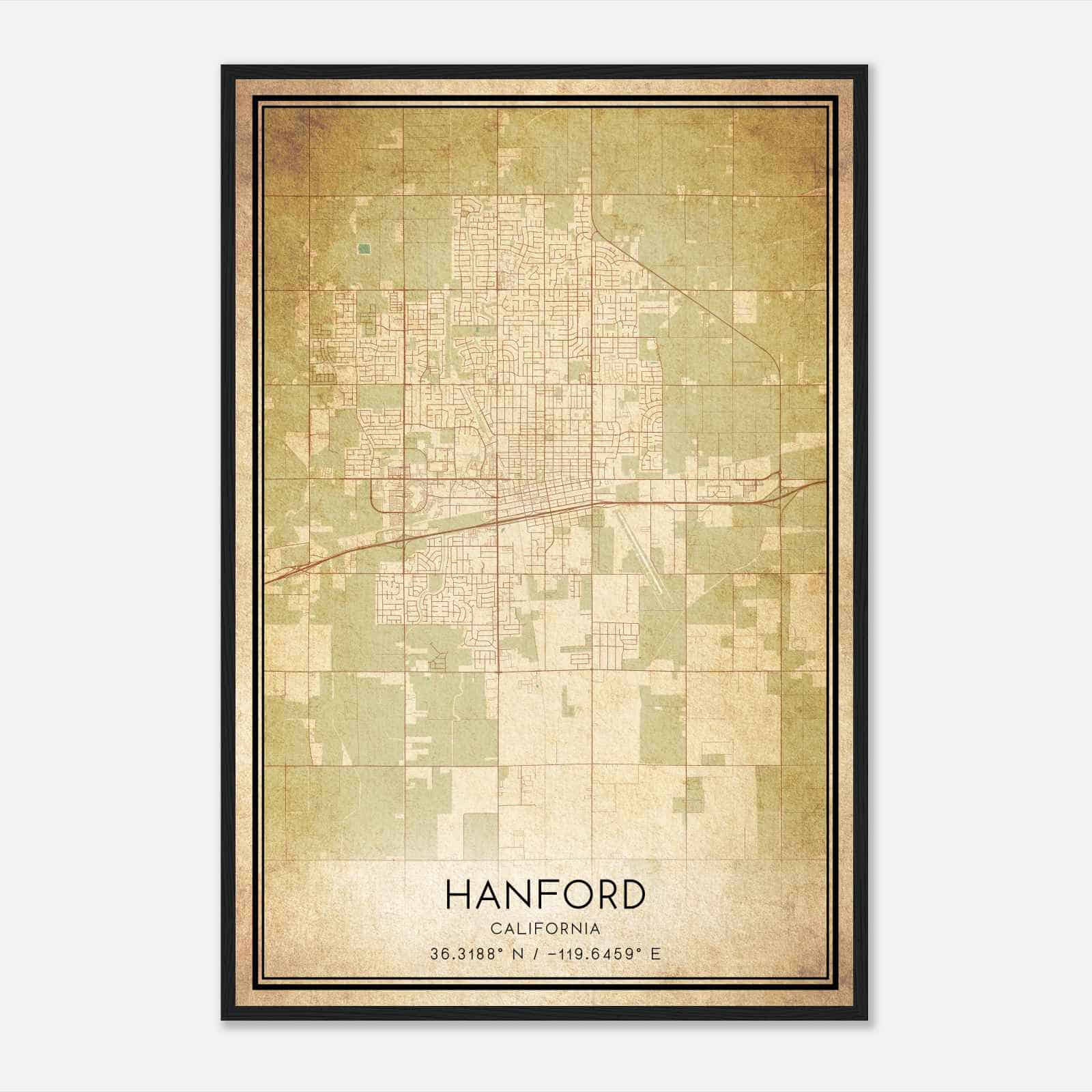 Vintage Hanford California Map Poster, Modern Home Decor Wall Art Print