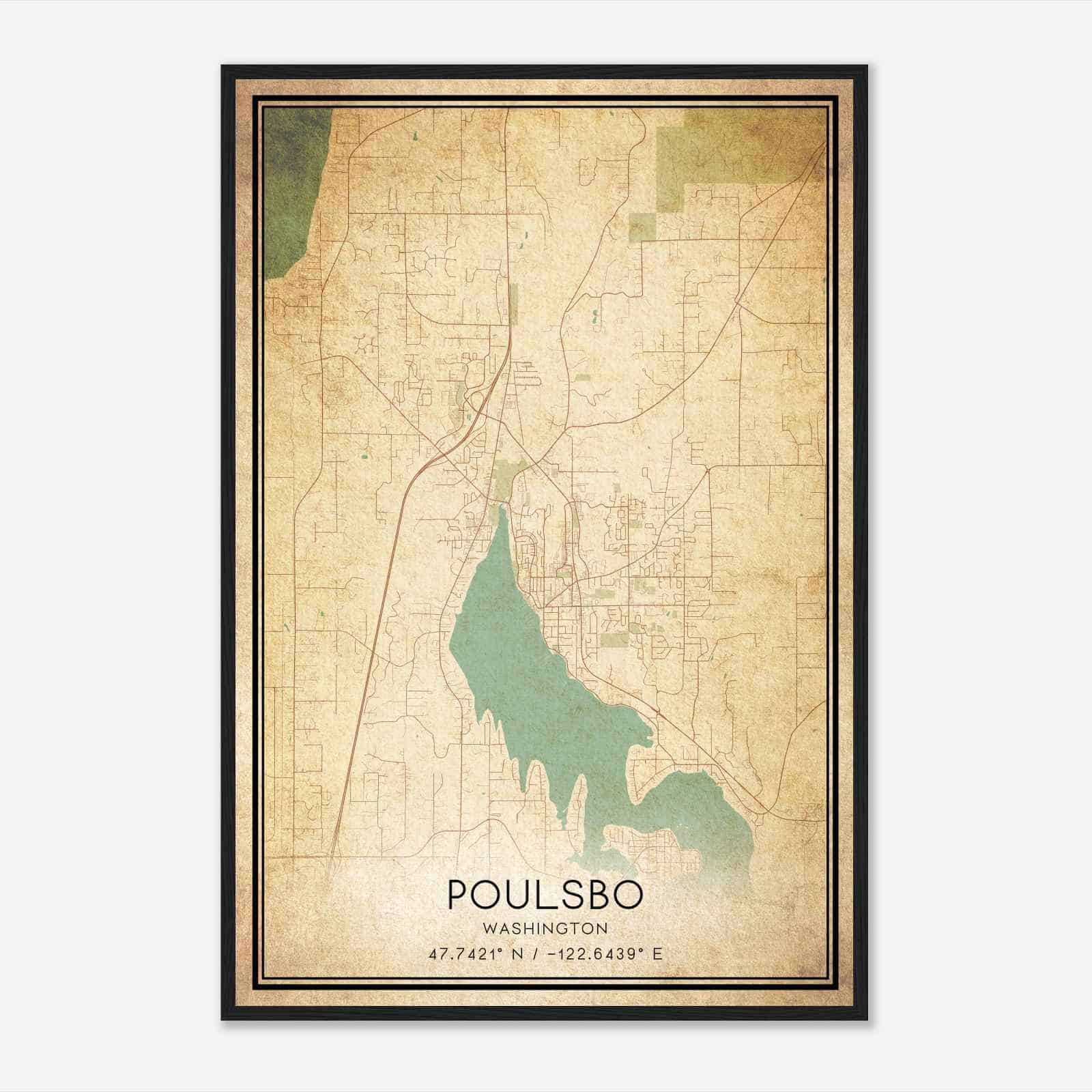 Vintage Poulsbo Washington Map Poster, Modern Home Decor Wall Art Print