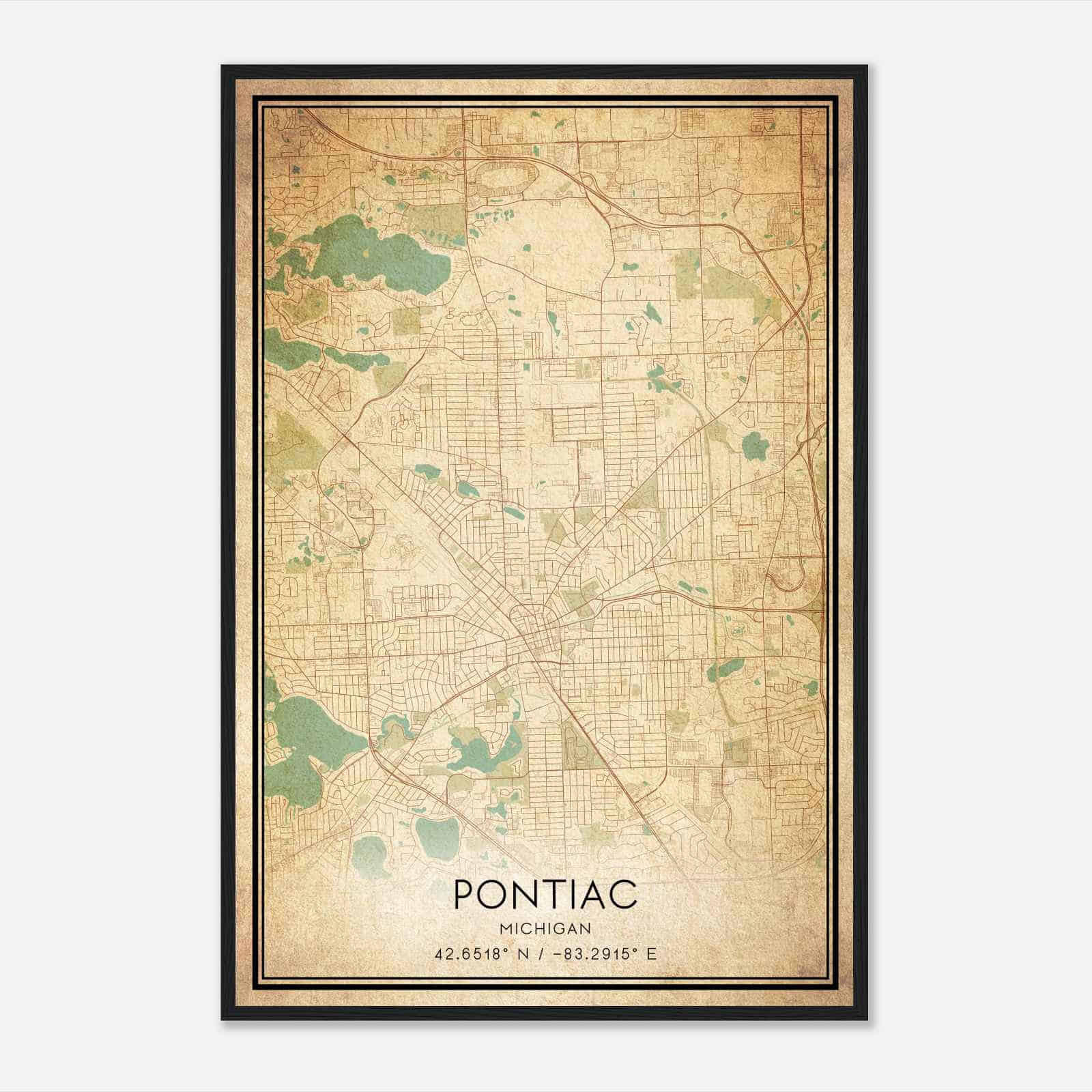 Vintage Pontiac Michigan Map Poster, Modern Home Decor Wall Art Print