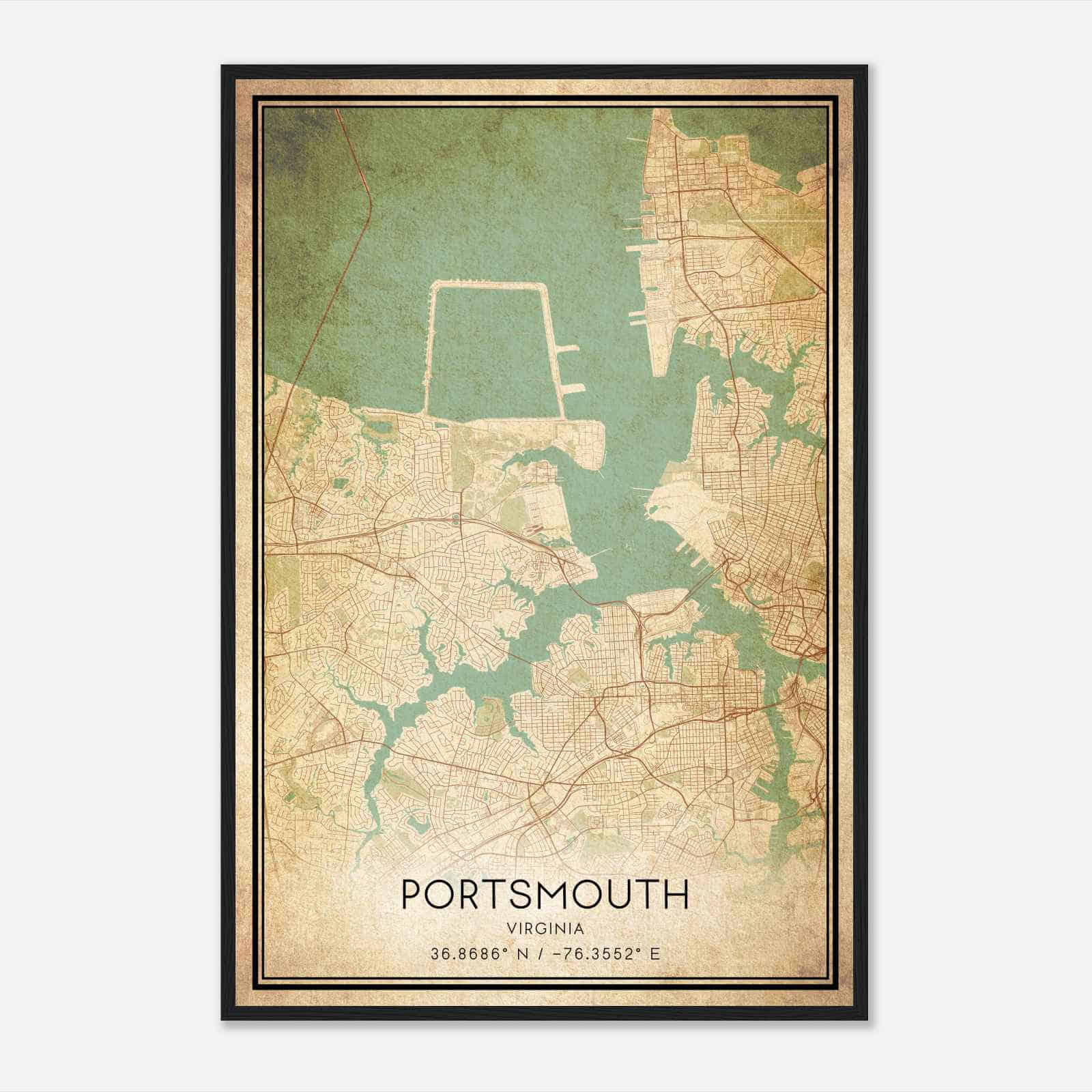 Vintage Portsmouth Virginia Map Poster, Modern Home Decor Wall Art Print