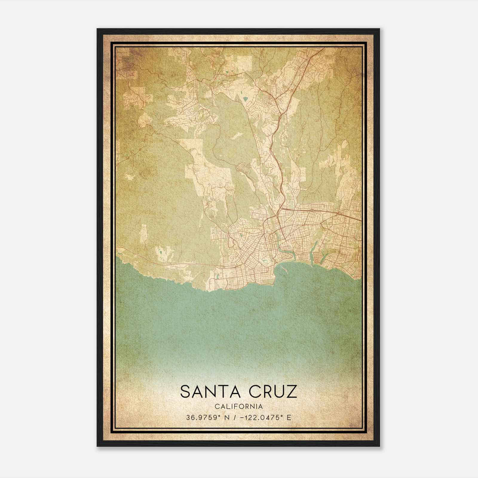 Vintage Santa Cruz California Map Poster, Modern Home Decor Wall Art Print