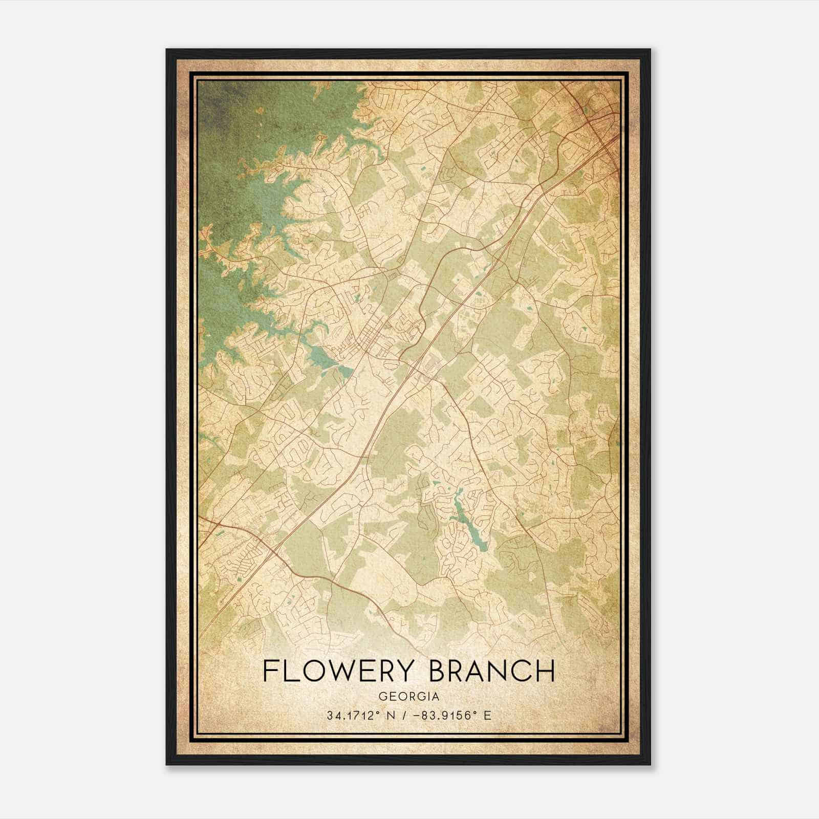 Vintage Flowery Branch Georgia Map Poster, Modern Home Decor Wall Art Print