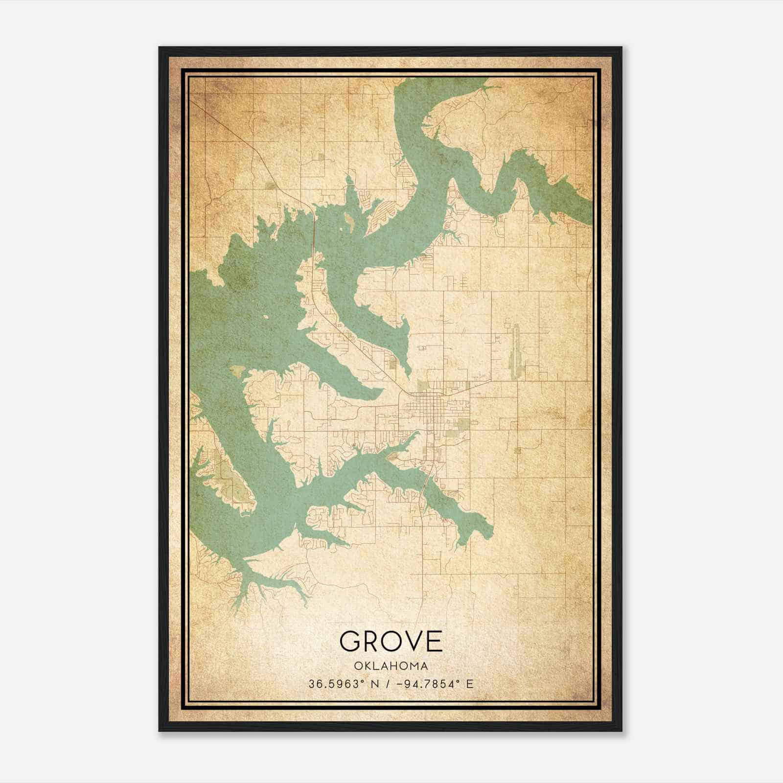 Vintage Grove Oklahoma Map Poster, Modern Home Decor Wall Art Print