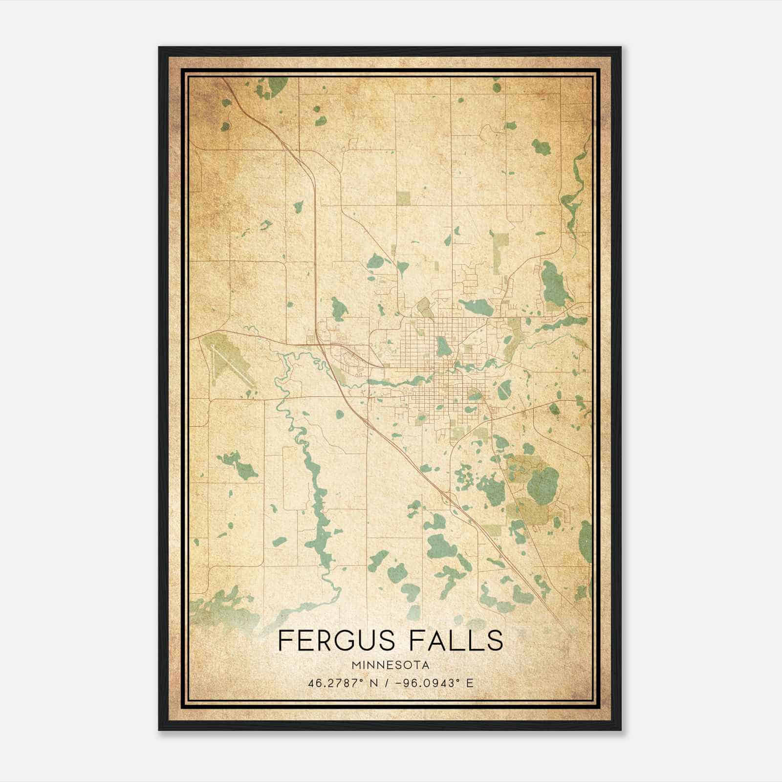 Vintage Fergus Falls Minnesota Map Poster, Modern Home Decor Wall Art Print