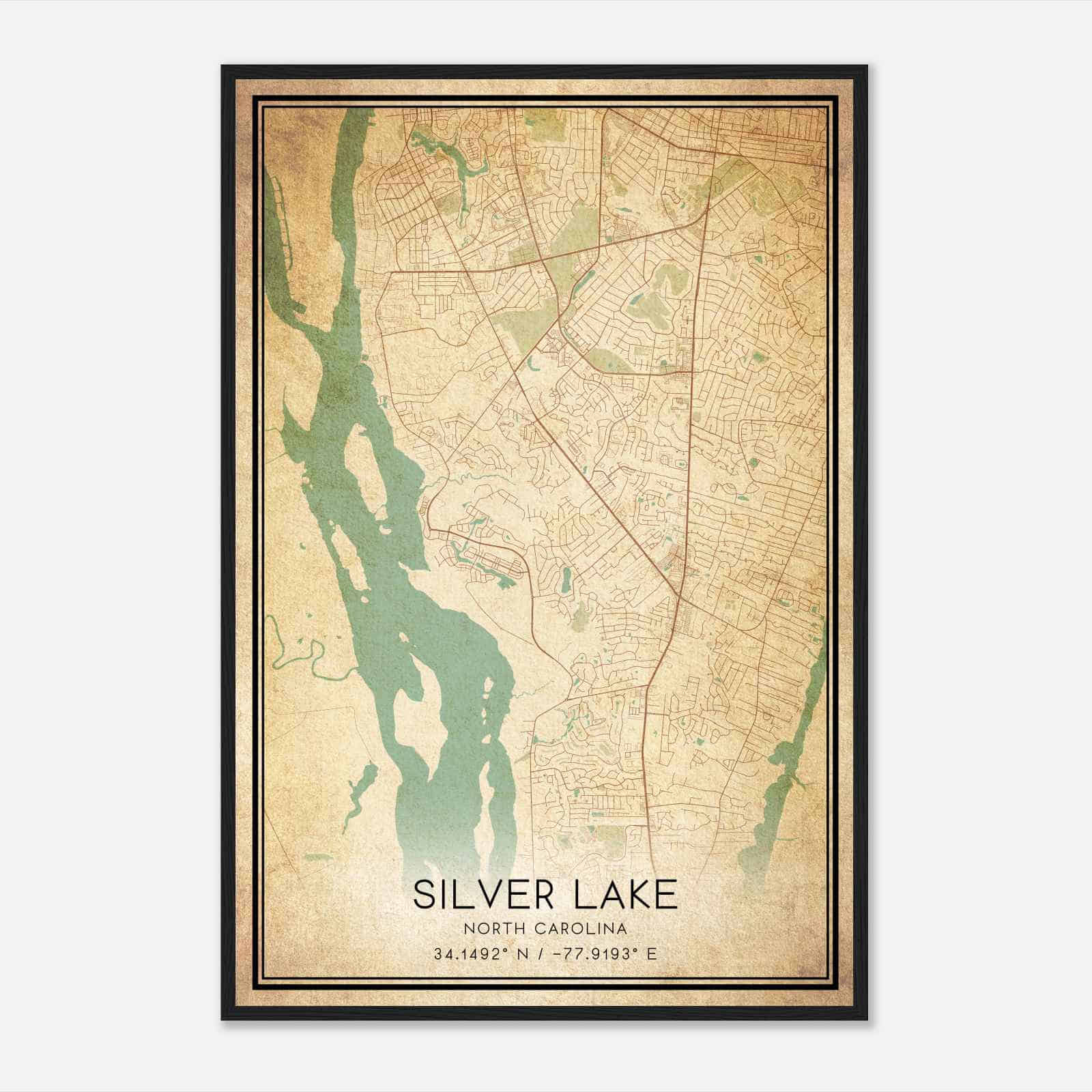 Vintage Silver Lake North Carolina Map Poster, Modern Home Decor Wall Art Print