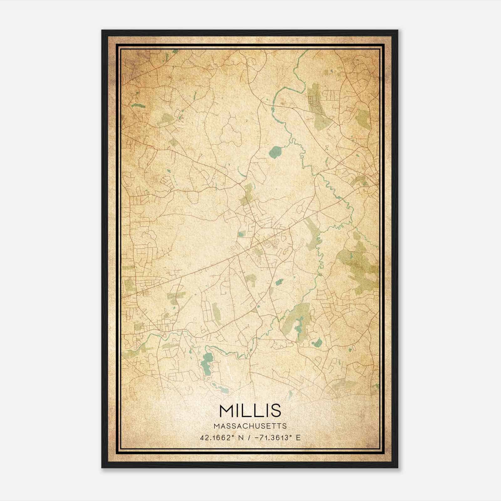 Vintage Millis Massachusetts Map Poster, Modern Home Decor Wall Art Print