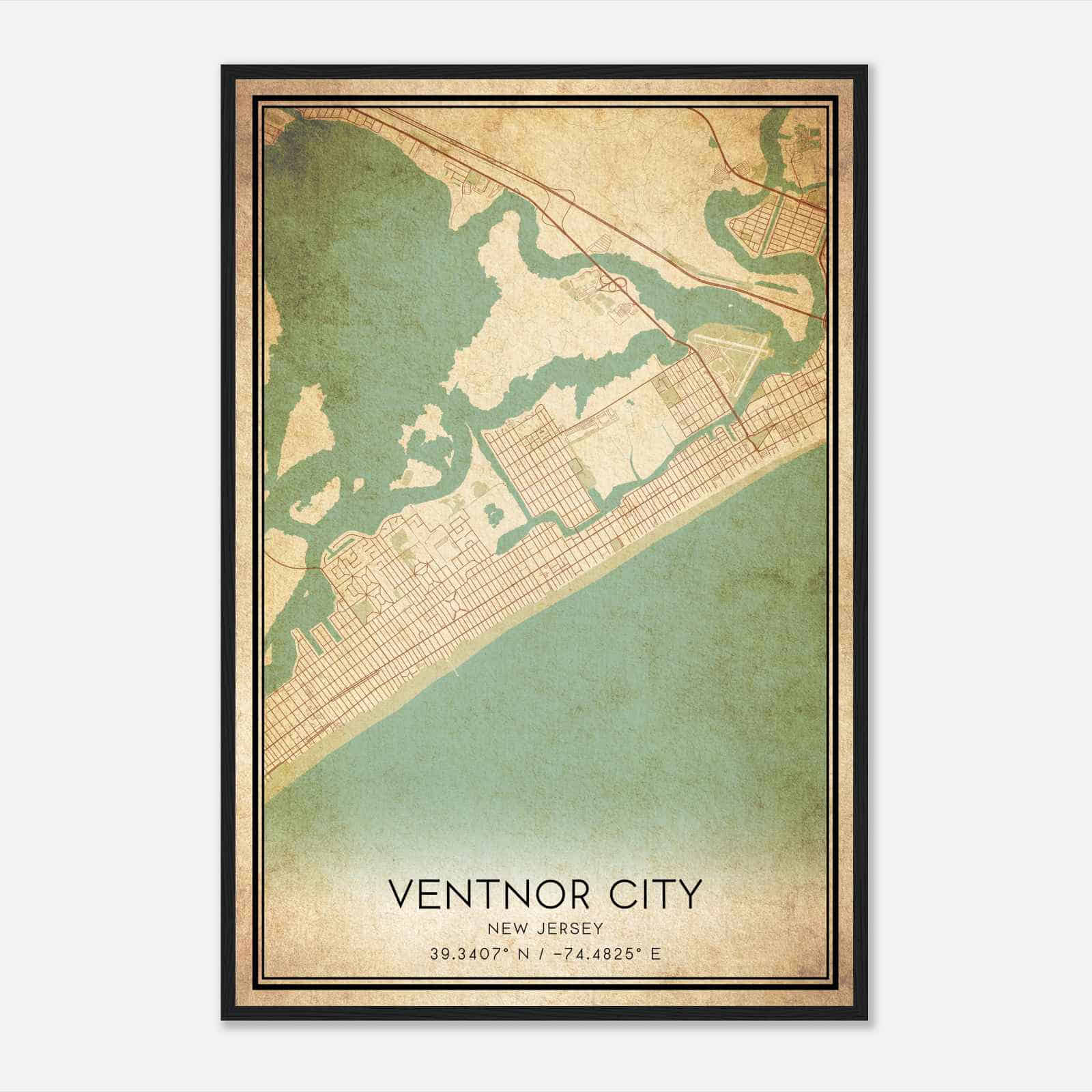 Vintage Ventnor City New Jersey Map Poster, Modern Home Decor Wall Art Print