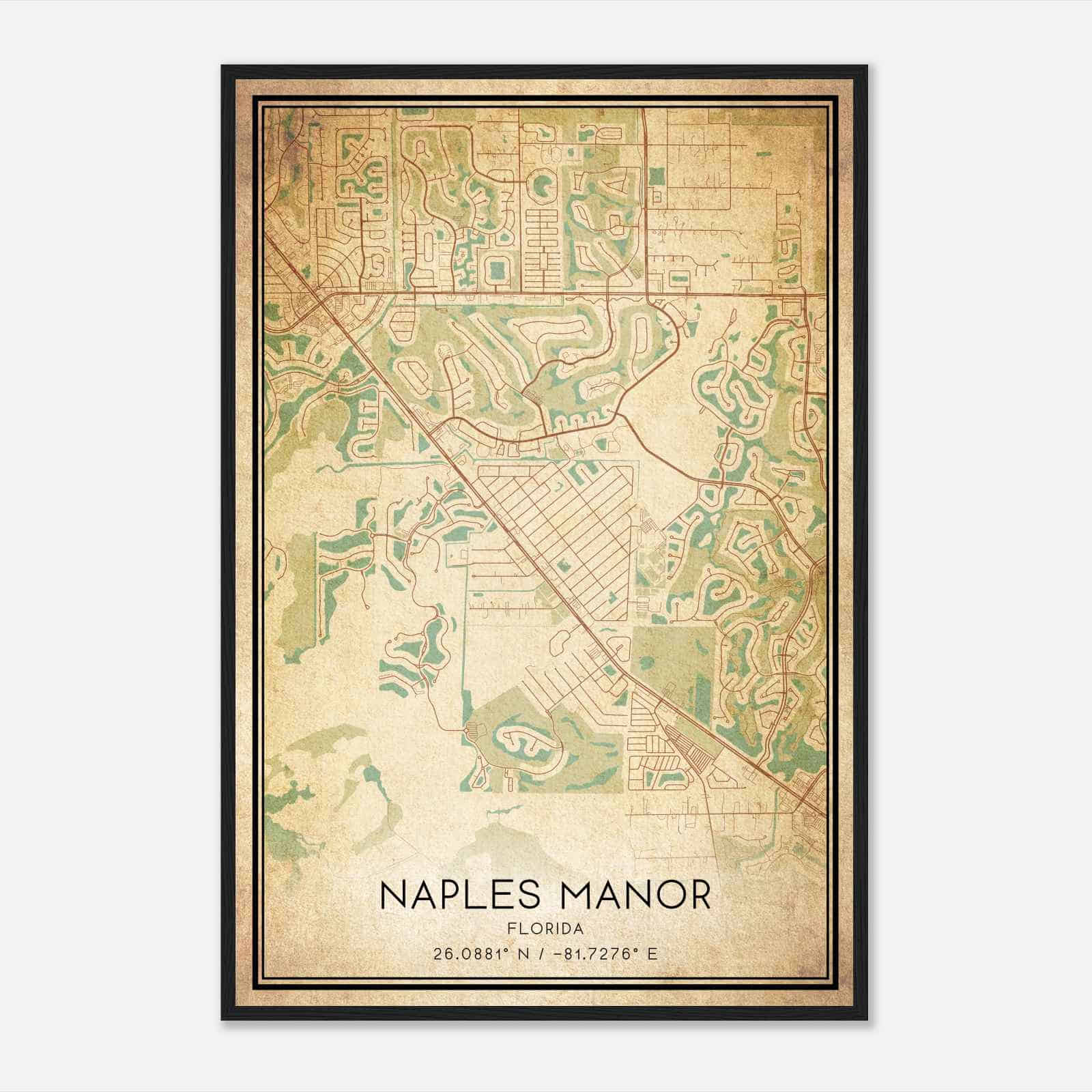 Vintage Naples Manor Florida Map Poster, Modern Home Decor Wall Art Print