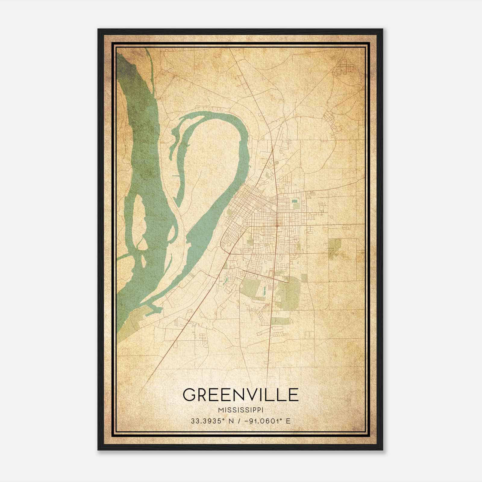 Vintage Greenville Mississippi Map Poster, Modern Home Decor Wall Art Print