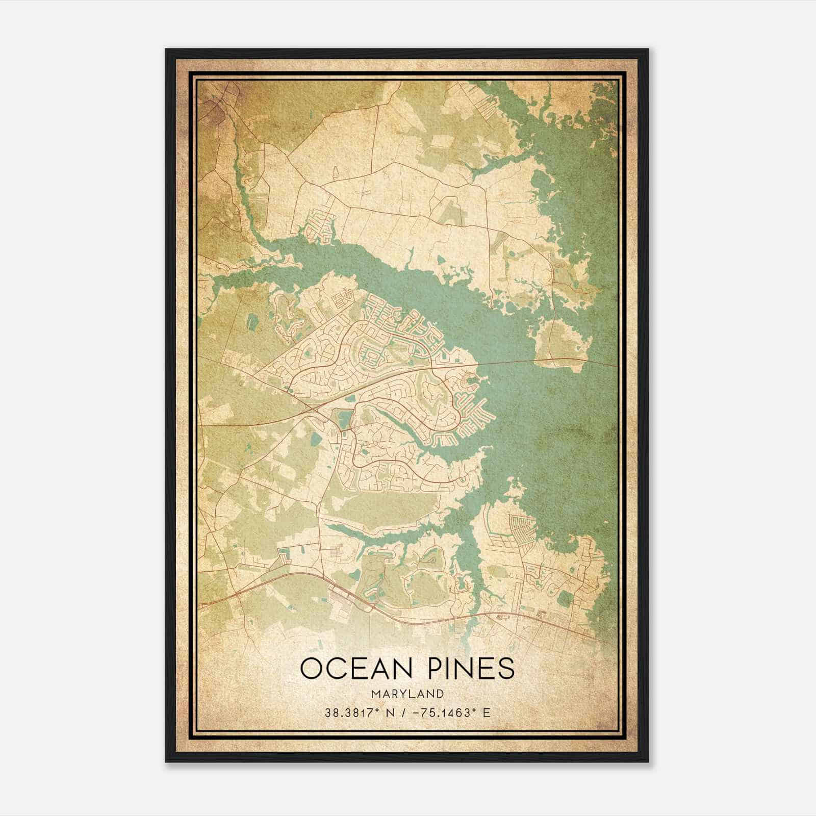 Vintage Ocean Pines Maryland Map Poster, Modern Home Decor Wall Art Print