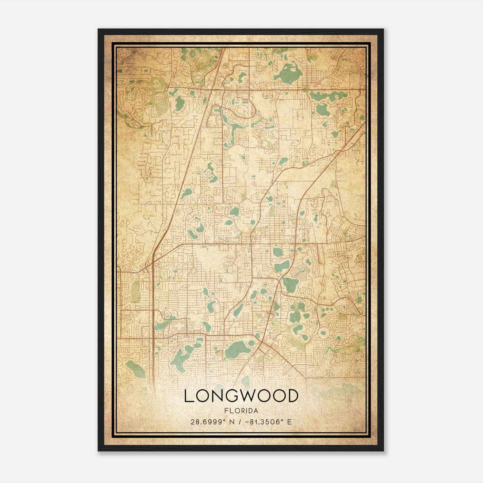 Vintage Longwood Florida Map Poster, Modern Home Decor Wall Art Print