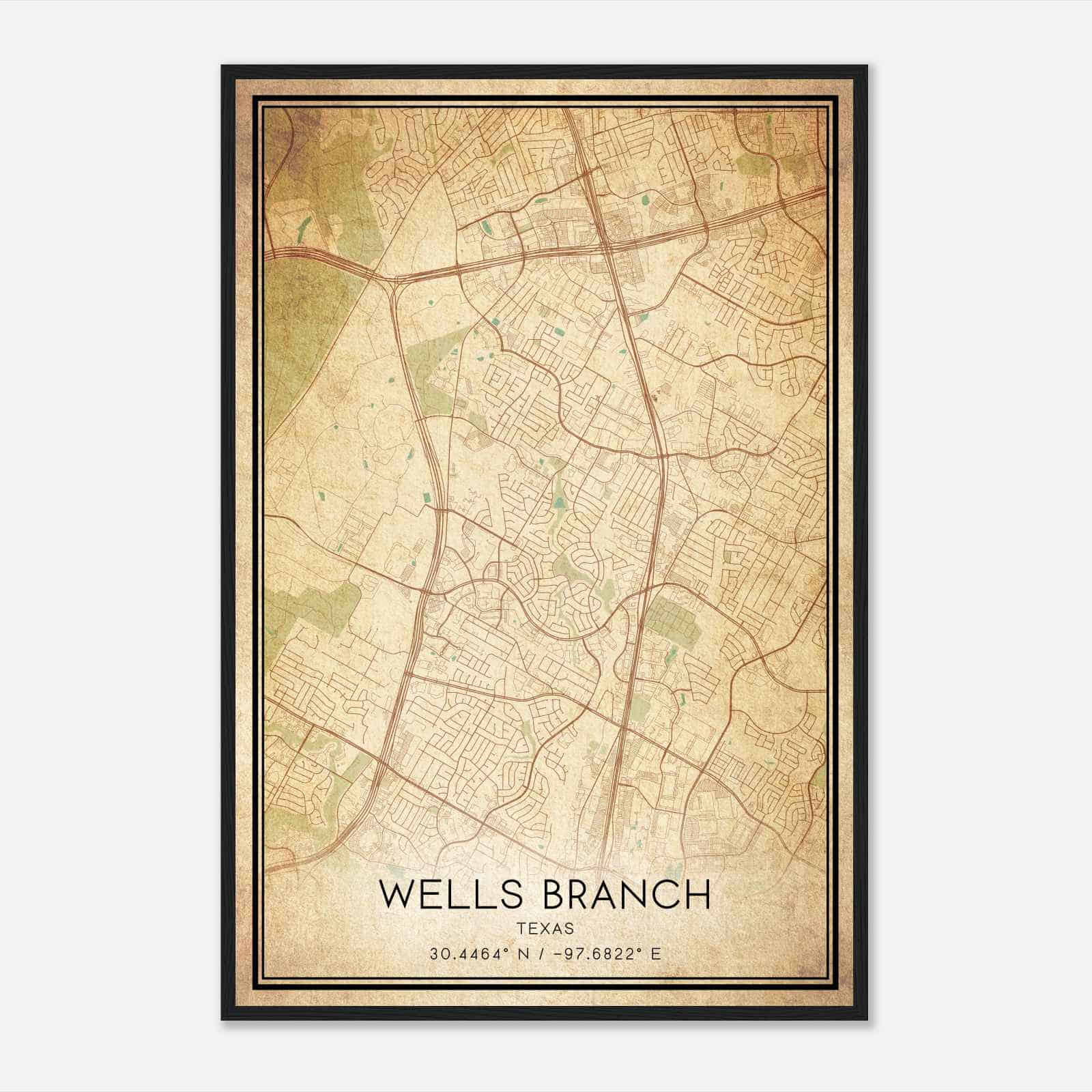 Vintage Wells Branch Texas Map Poster, Modern Home Decor Wall Art Print