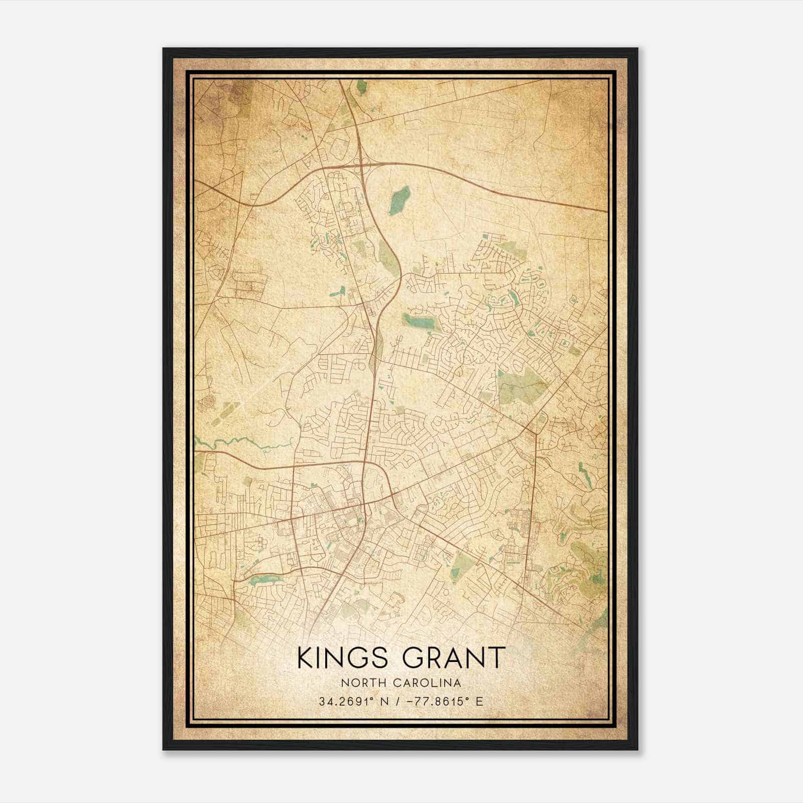 Vintage Kings Grant North Carolina Map Poster, Modern Home Decor Wall Art Print