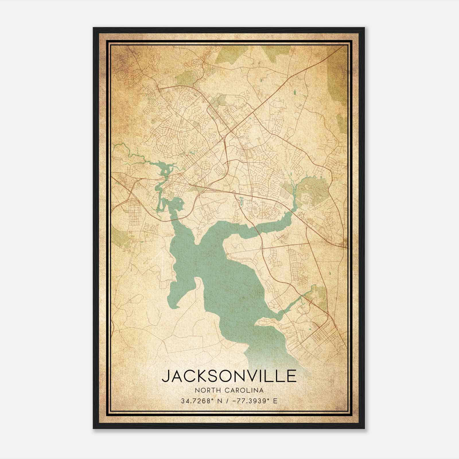 Vintage Jacksonville North Carolina Map Poster, Modern Home Decor Wall Art Print