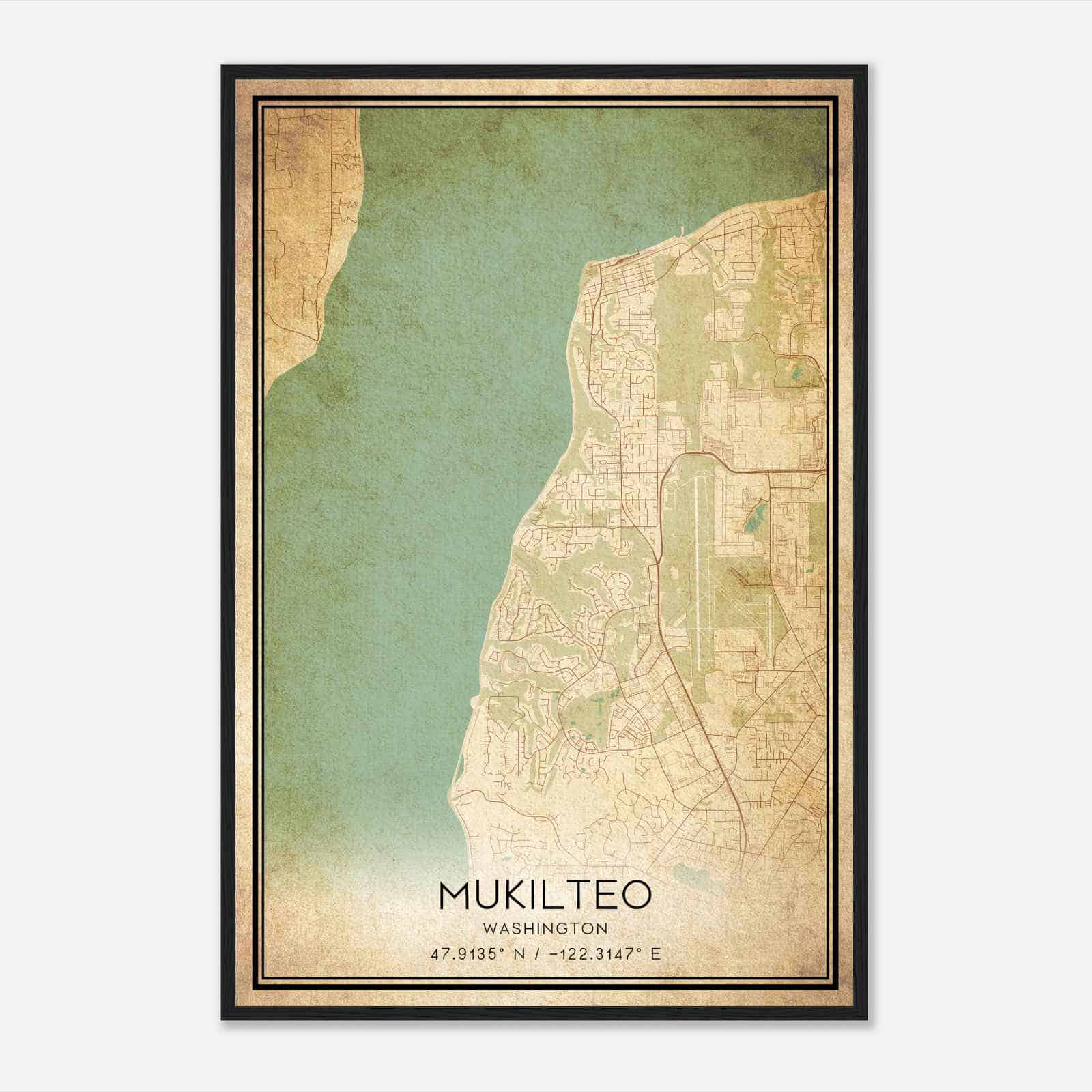 Vintage Mukilteo Washington Map Poster, Modern Home Decor Wall Art Print