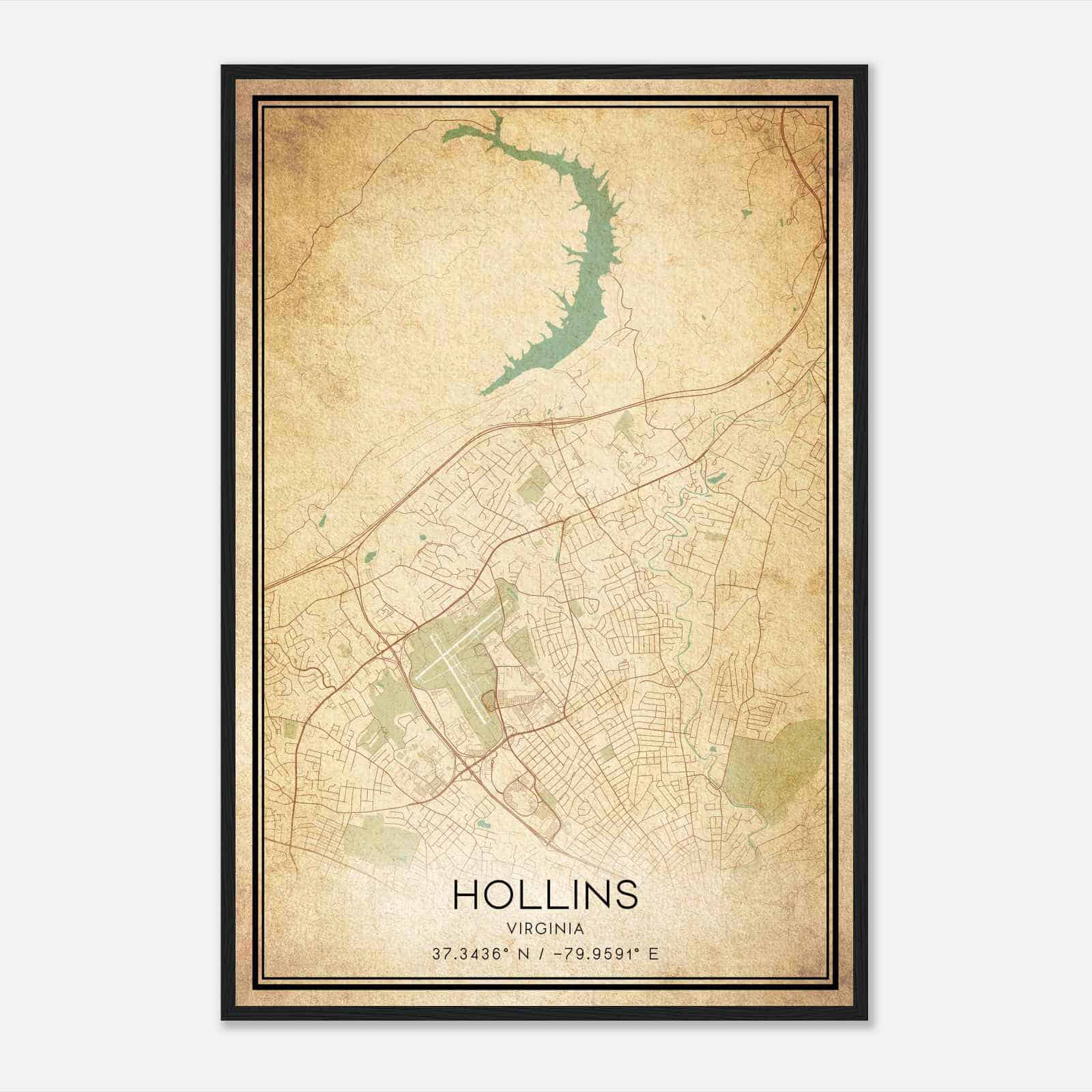 Vintage Hollins Virginia Map Poster, Modern Home Decor Wall Art Print