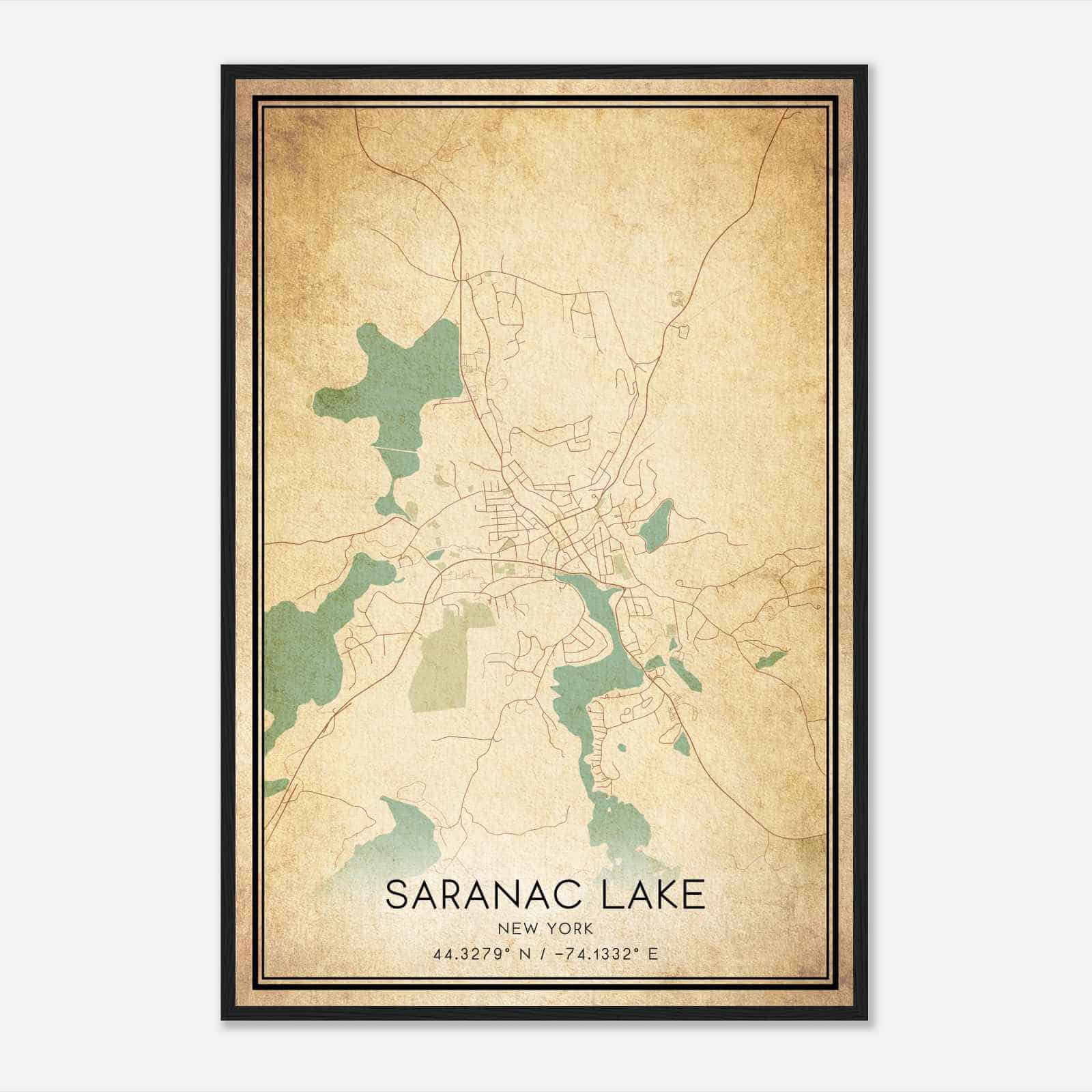 Vintage Saranac Lake New York Map Poster, Modern Home Decor Wall Art Print