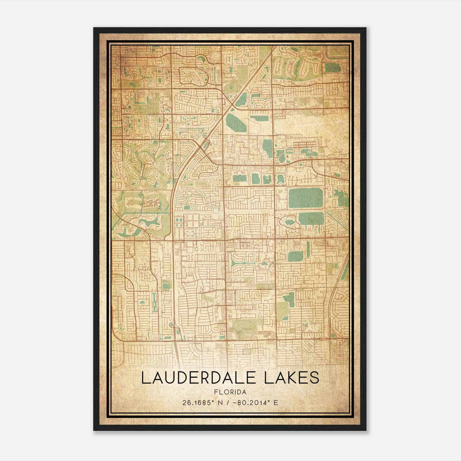 Vintage Lauderdale Lakes Florida Map Poster, Modern Home Decor Wall Art Print