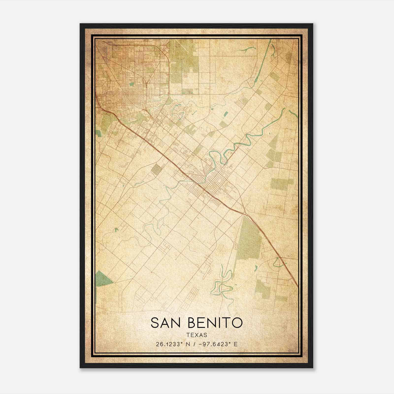 Vintage San Benito Texas Map Poster, Modern Home Decor Wall Art Print
