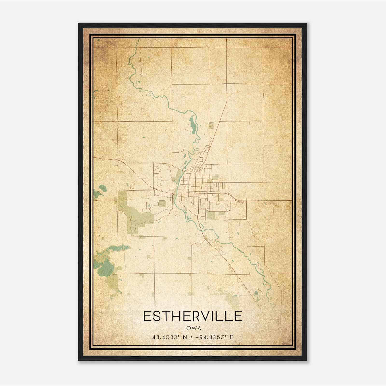 Vintage Estherville Iowa Map Poster, Modern Home Decor Wall Art Print
