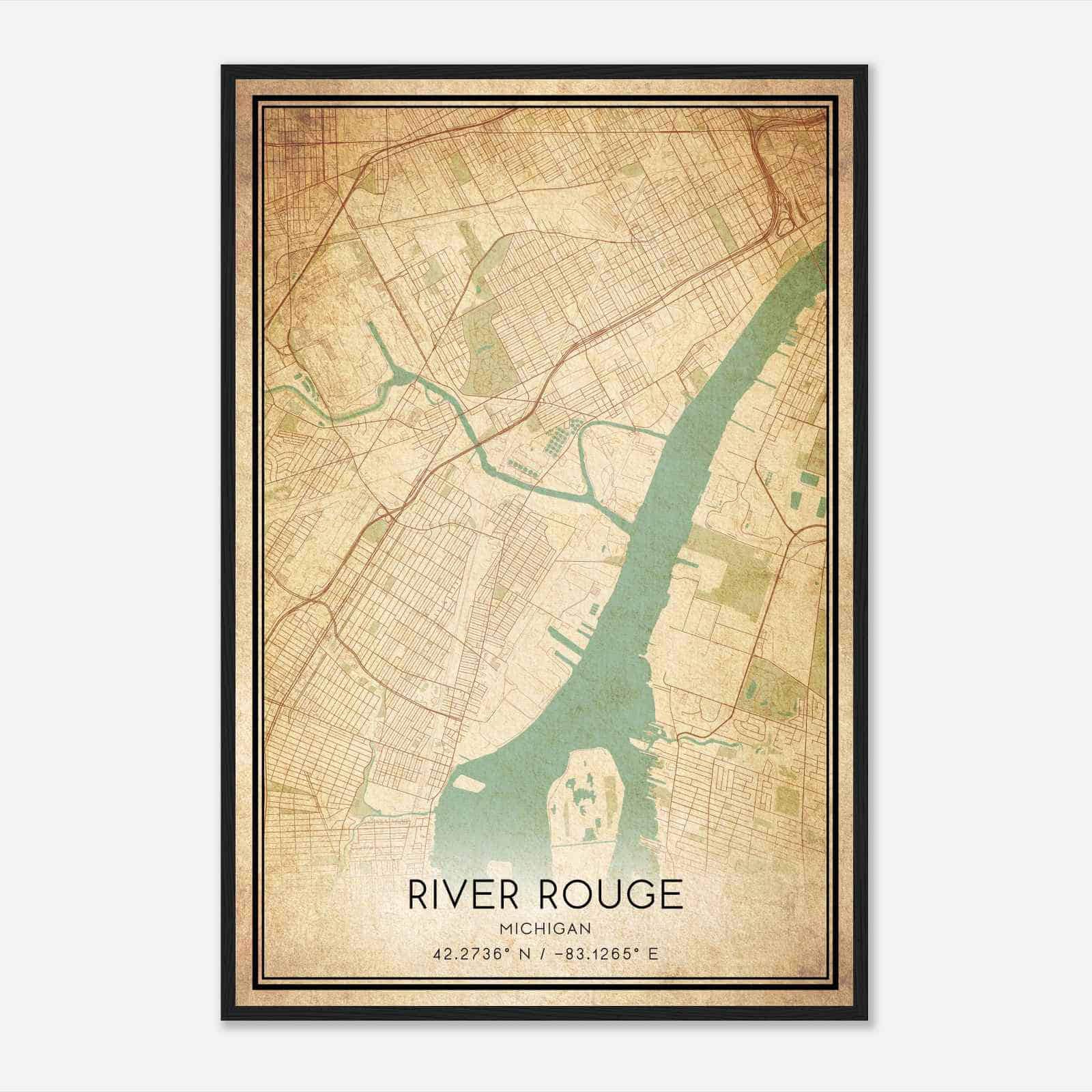 Vintage River Rouge Michigan Map Poster, Modern Home Decor Wall Art Print