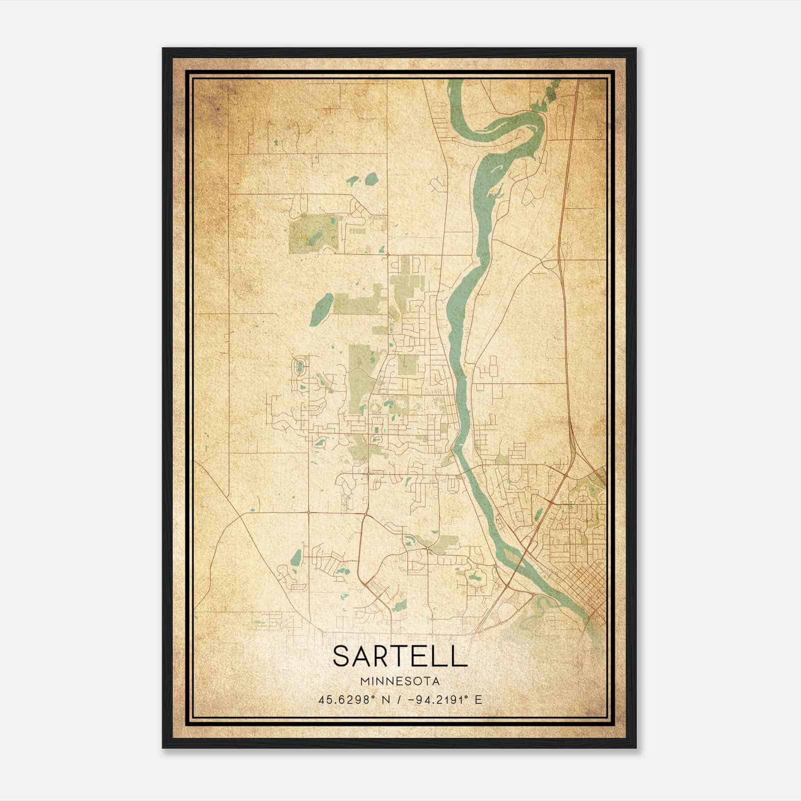 Vintage Sartell Minnesota Map Poster, Modern Home Decor Wall Art Print