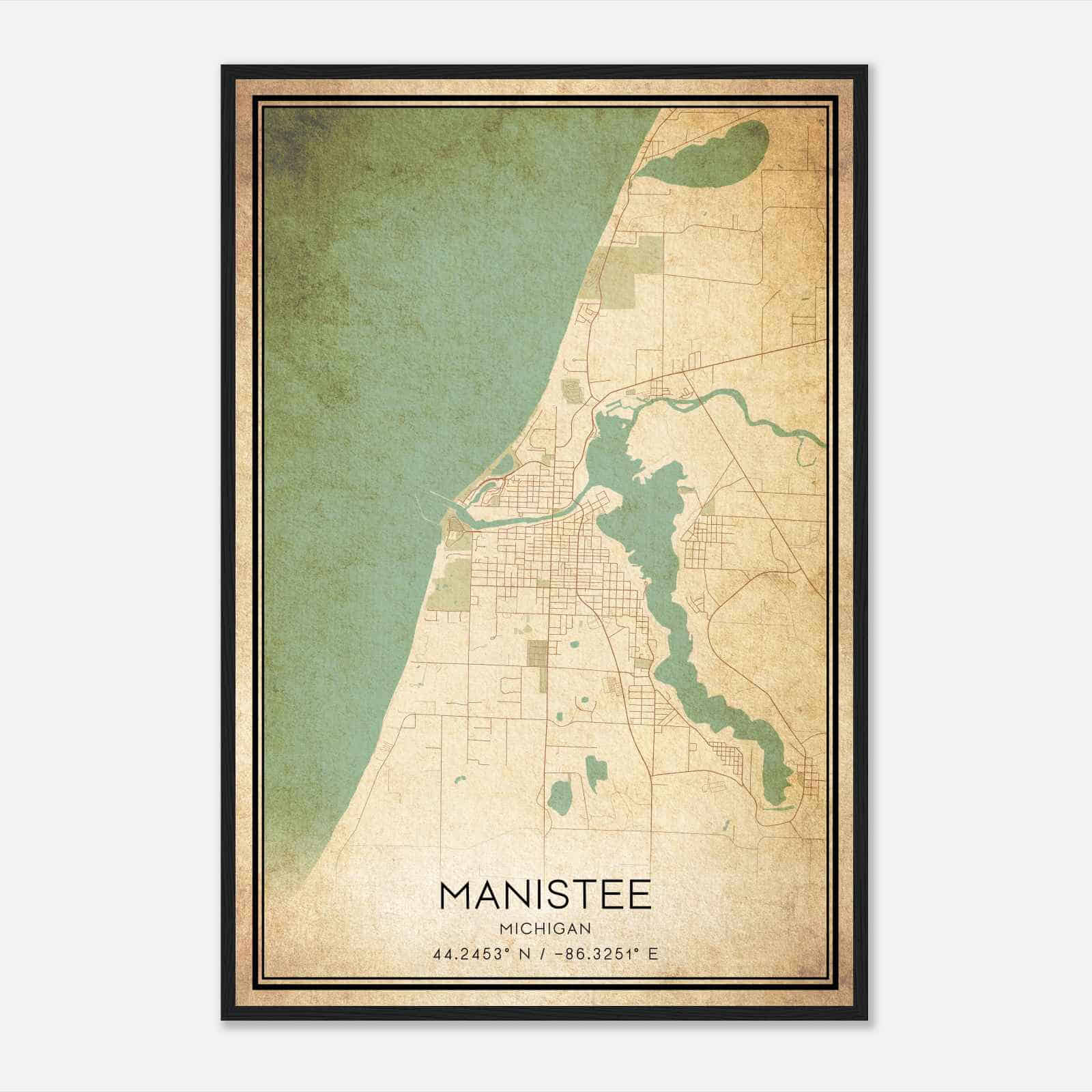 Vintage Manistee Michigan Map Poster, Modern Home Decor Wall Art Print