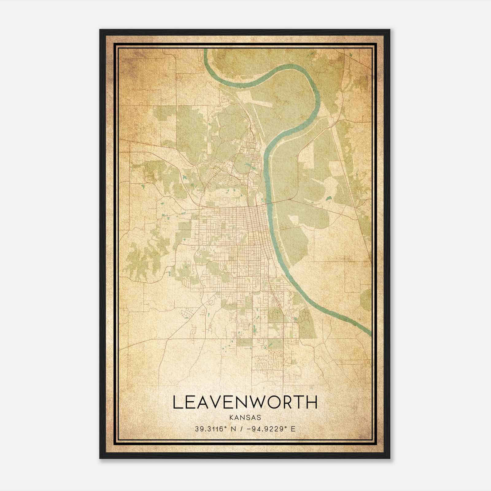 Vintage Leavenworth Kansas Map Poster, Modern Home Decor Wall Art Print