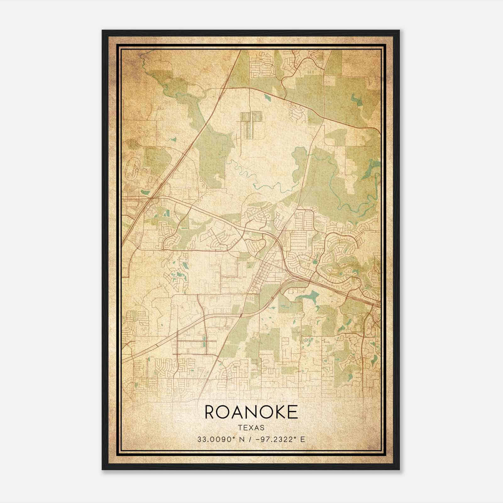 Vintage Roanoke Texas Map Poster, Modern Home Decor Wall Art Print