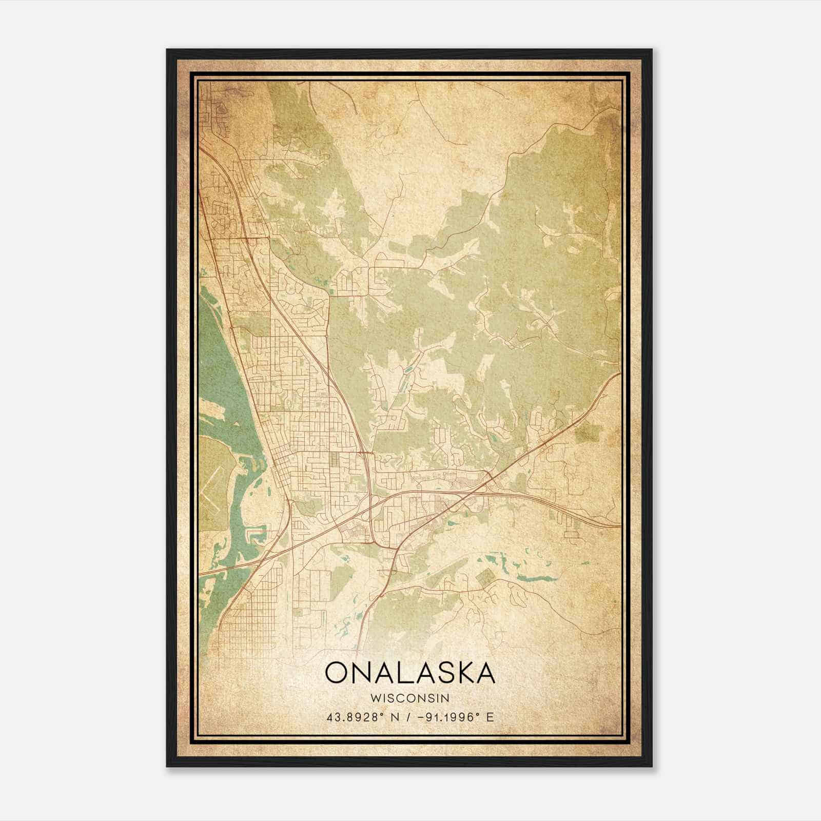 Vintage Onalaska Wisconsin Map Poster, Modern Home Decor Wall Art Print