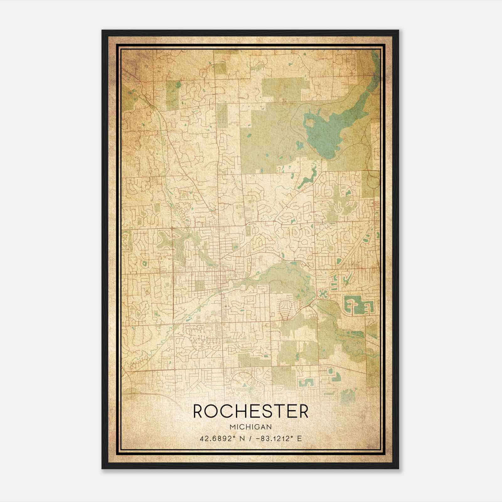 Vintage Rochester Michigan Map Poster, Modern Home Decor Wall Art Print
