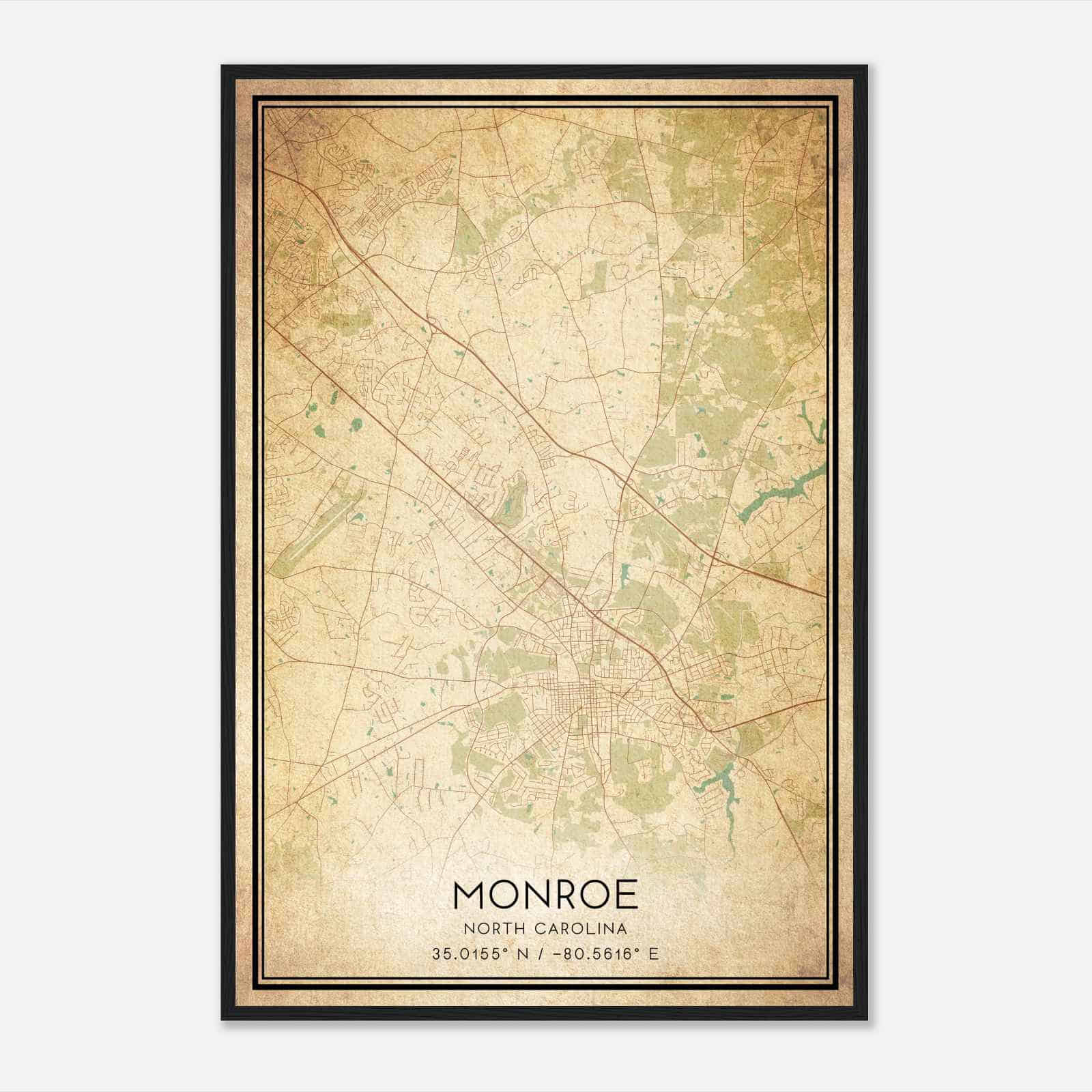 Vintage Monroe North Carolina Map Poster, Modern Home Decor Wall Art Print