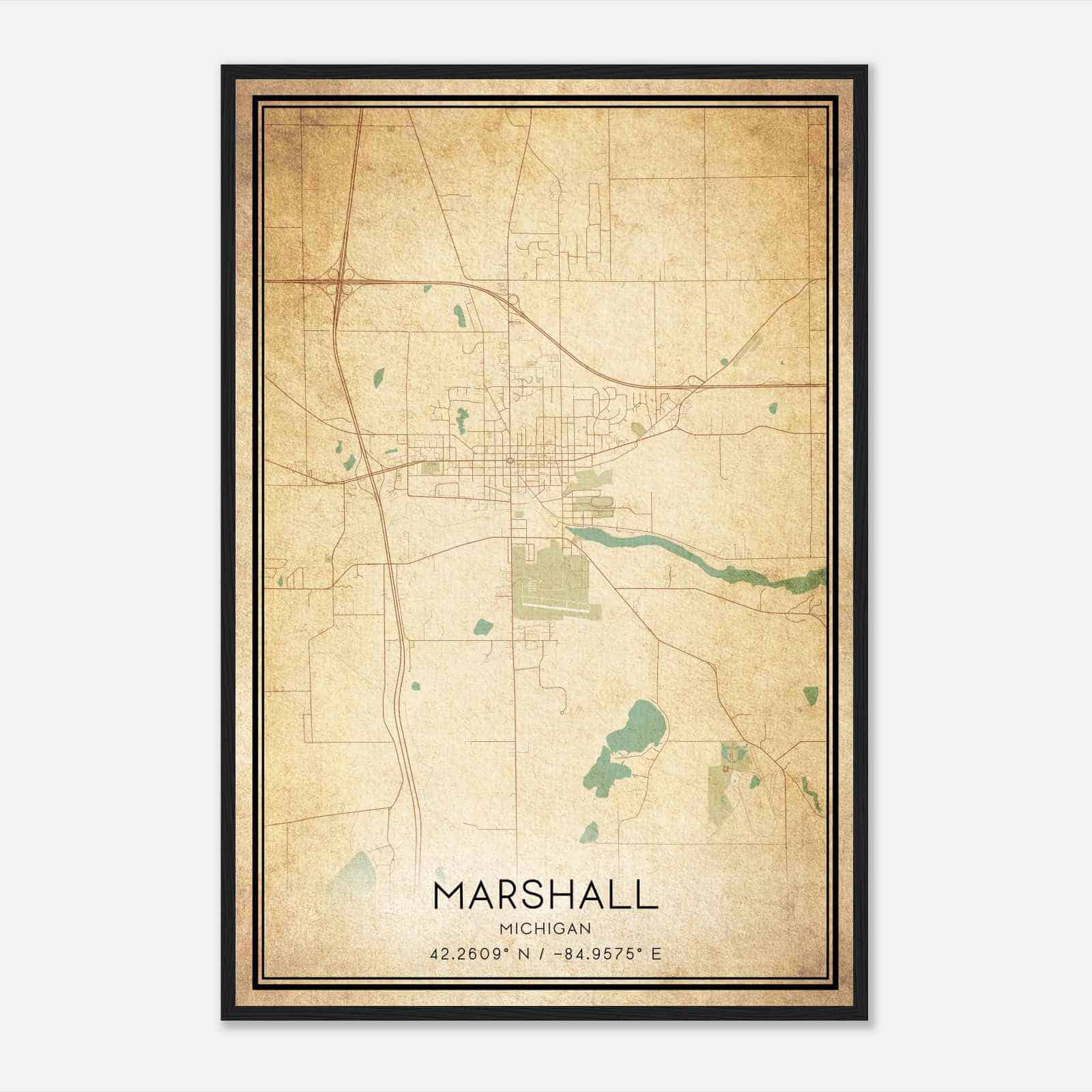 Vintage Marshall Michigan Map Poster, Modern Home Decor Wall Art Print