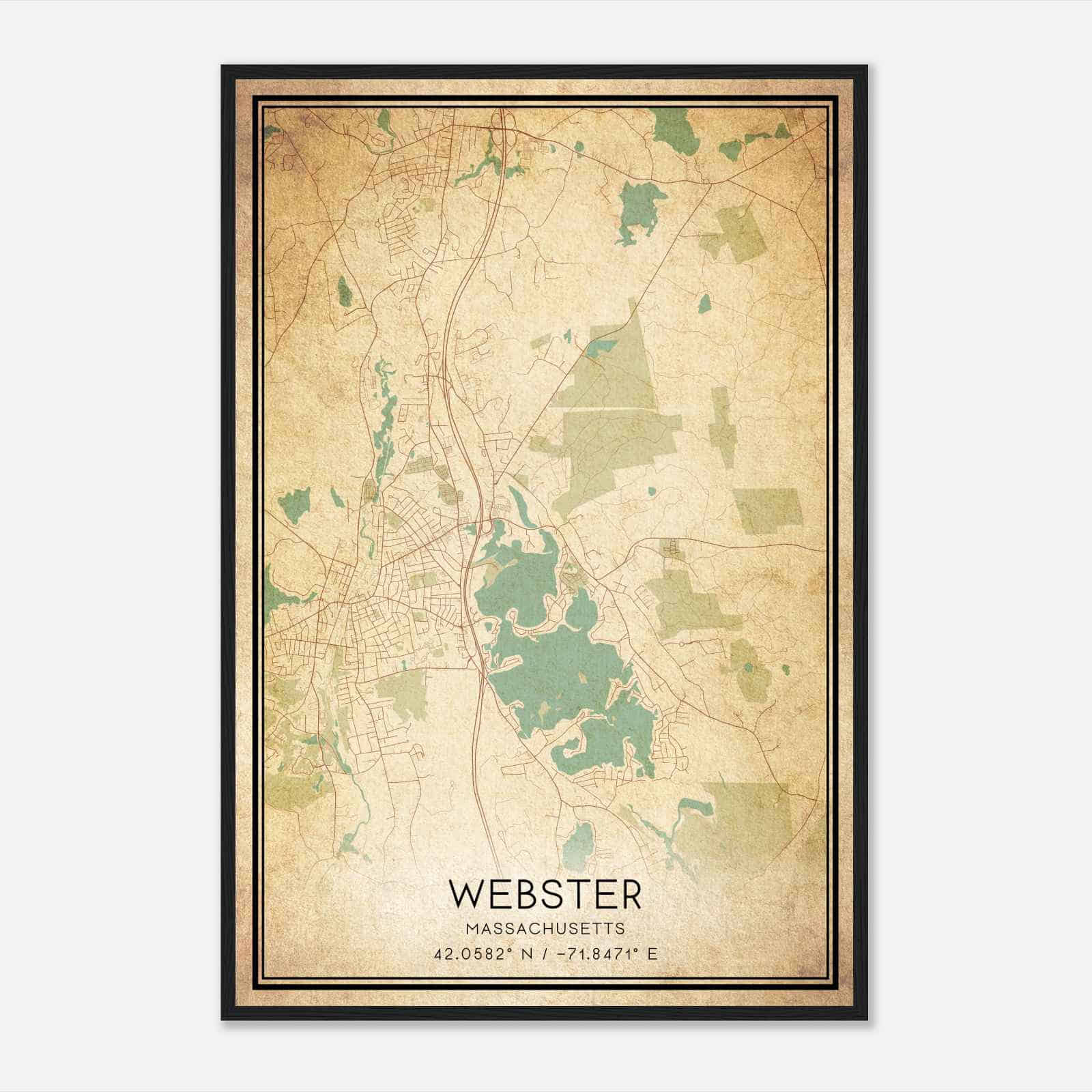 Vintage Webster Massachusetts Map Poster, Modern Home Decor Wall Art Print