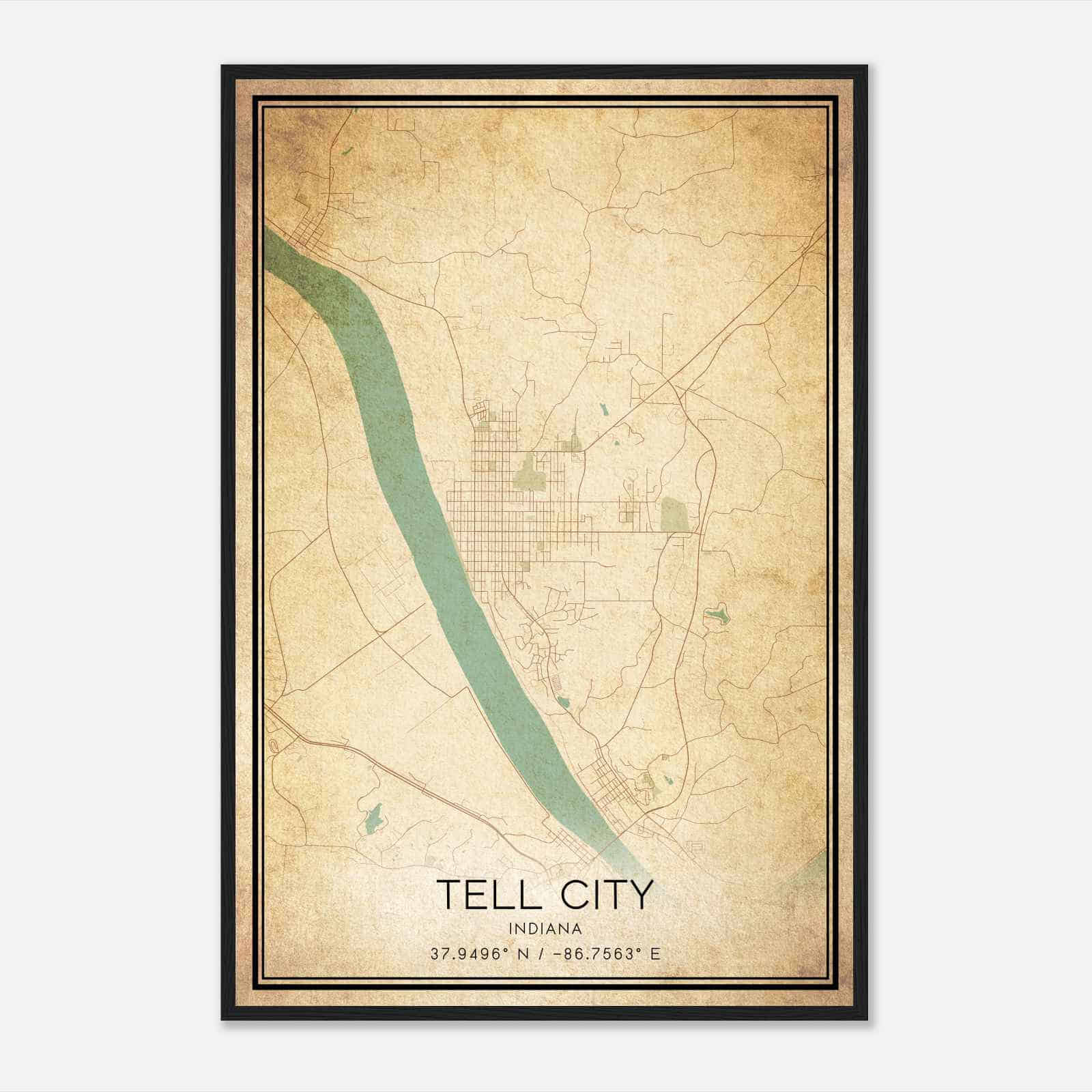 Vintage Tell City Indiana Map Poster, Modern Home Decor Wall Art Print