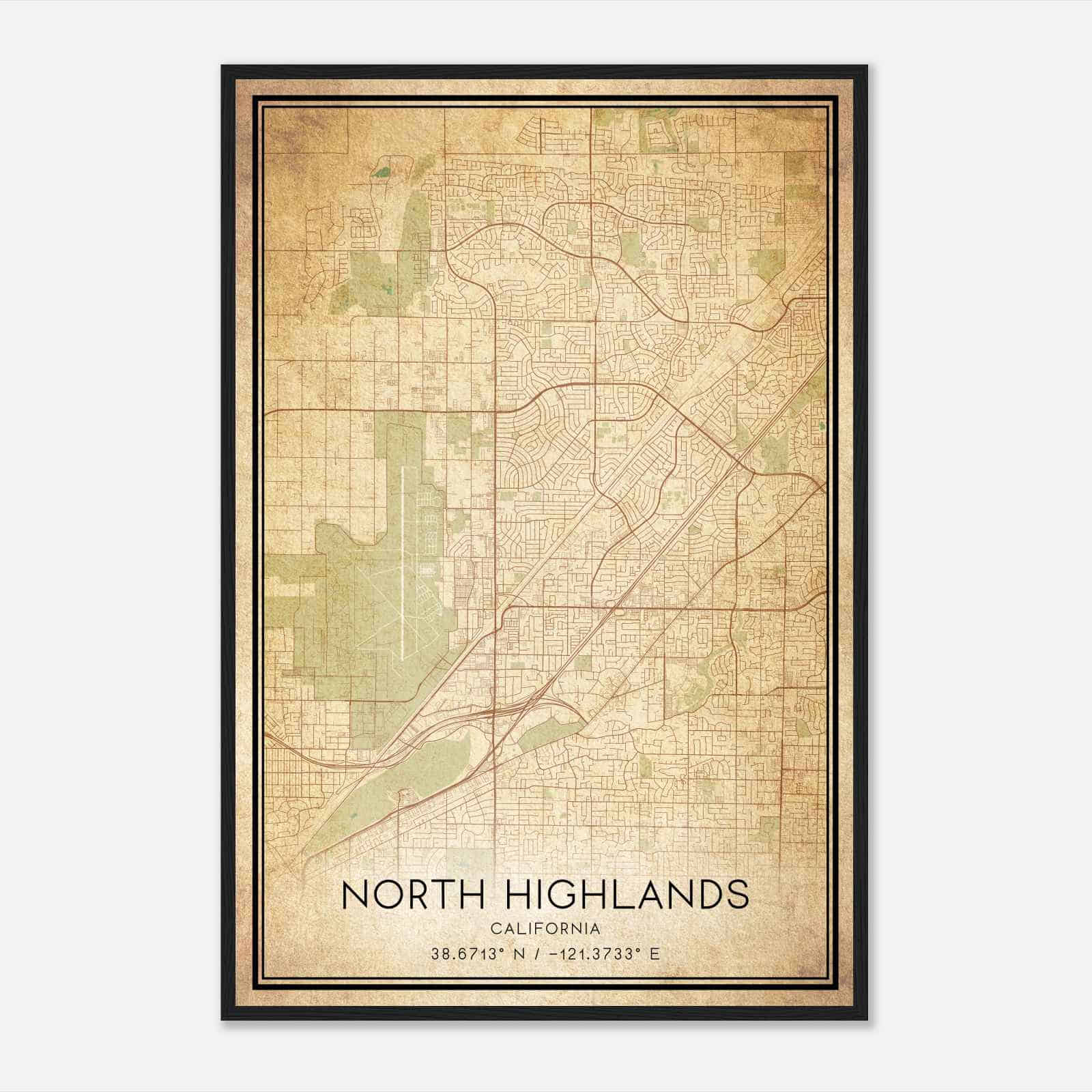 Vintage North Highlands California Map Poster, Modern Home Decor Wall Art Print