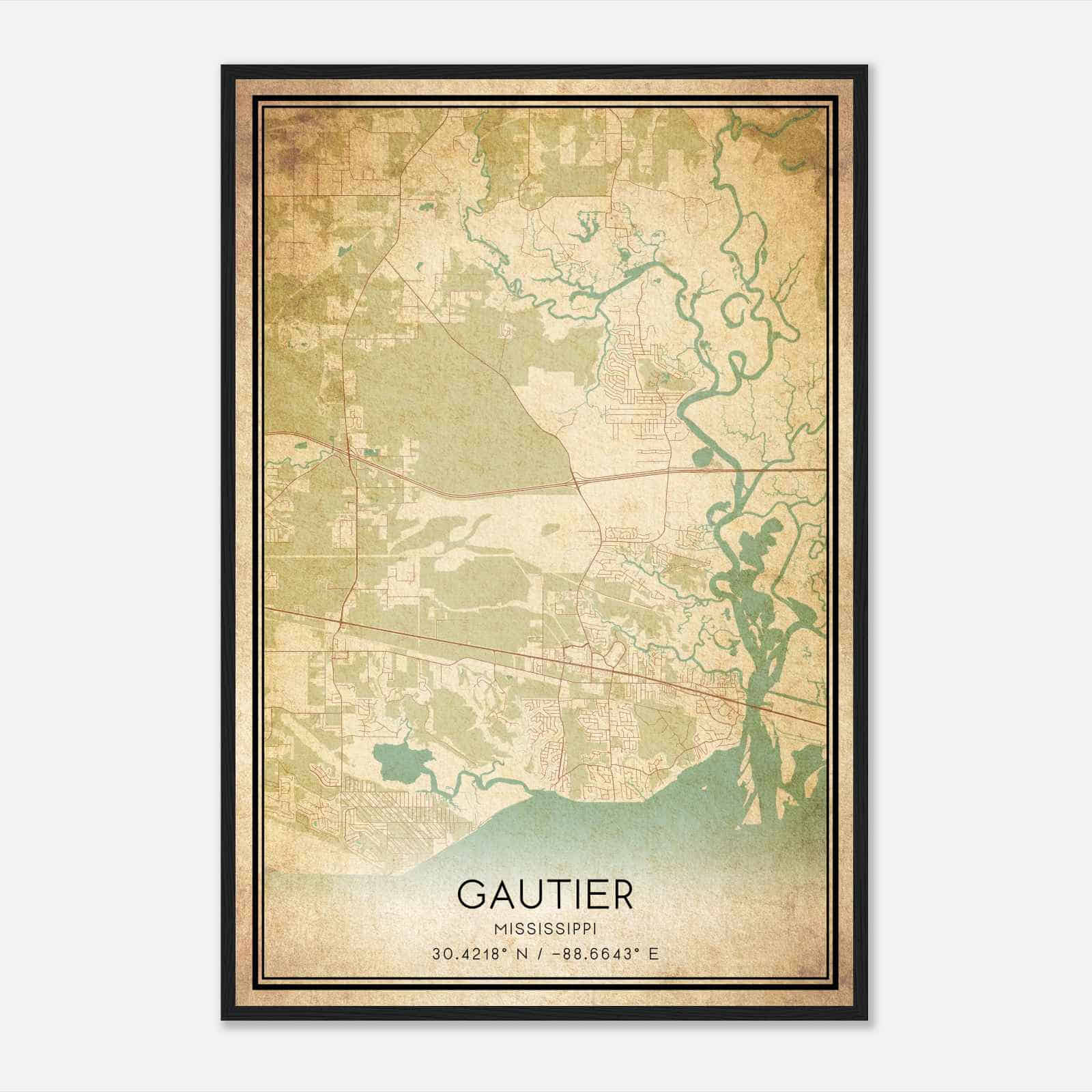 Vintage Gautier Mississippi Map Poster, Modern Home Decor Wall Art Print